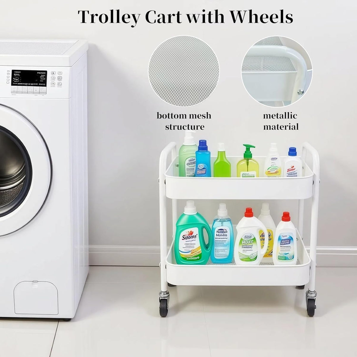 2 Tier Metal Rolling Cart with Wheels for Under Desk Storage & Pantry Storage, High Load-Bearing