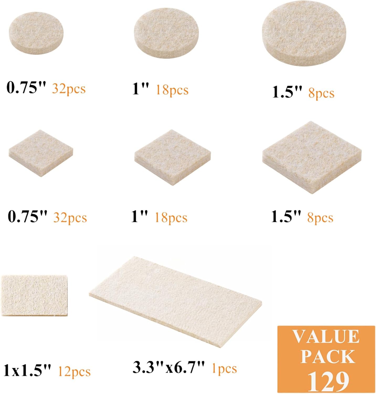 Felt Furniture Pads for Hardwood Floors 129 Piece, Furnigear Anti Scratches Felt Pads for Round