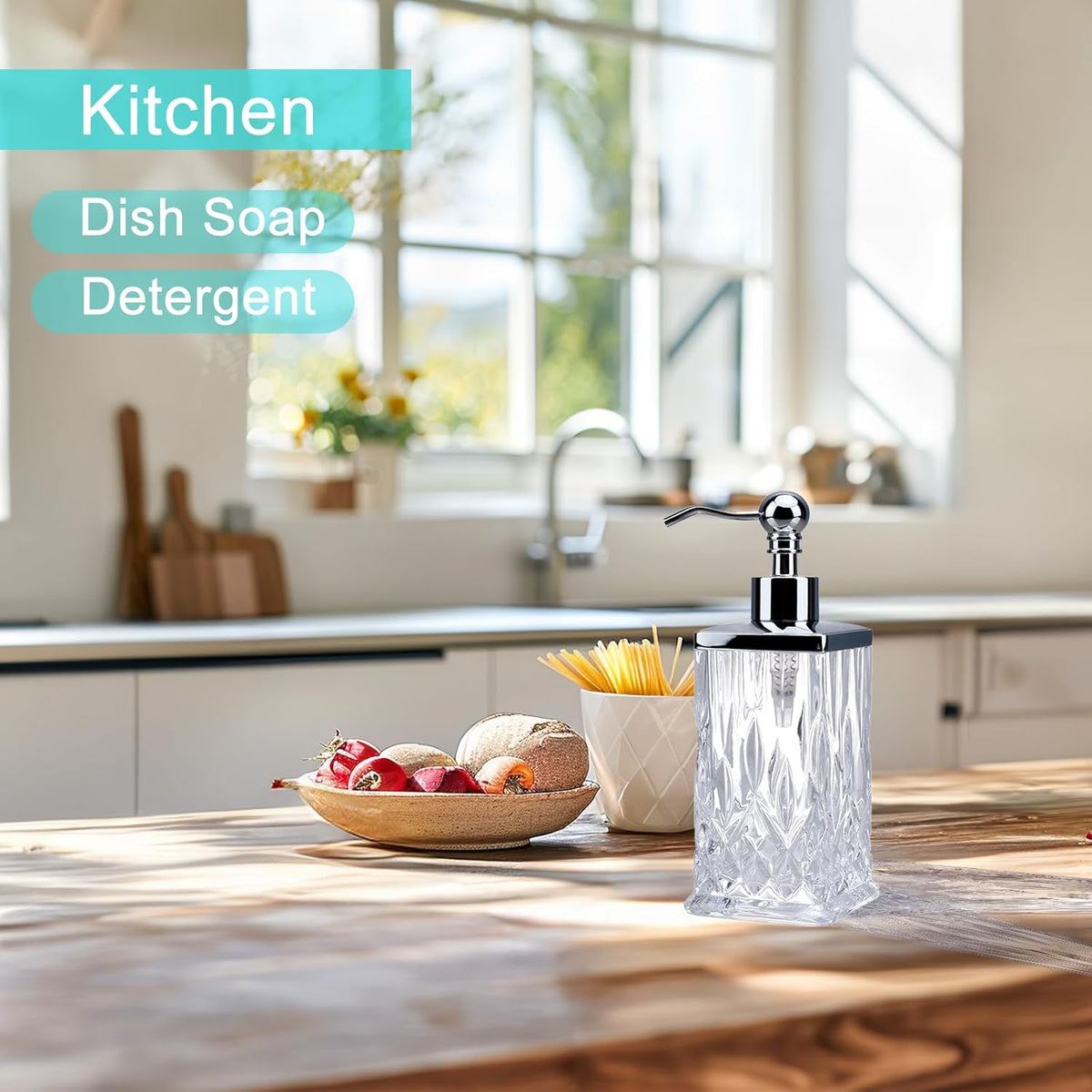 10Oz Clear Glass Soap Dispenser,Handcrafted Lead-Free Glass,Hand Sanitizer Dispenser with Silver