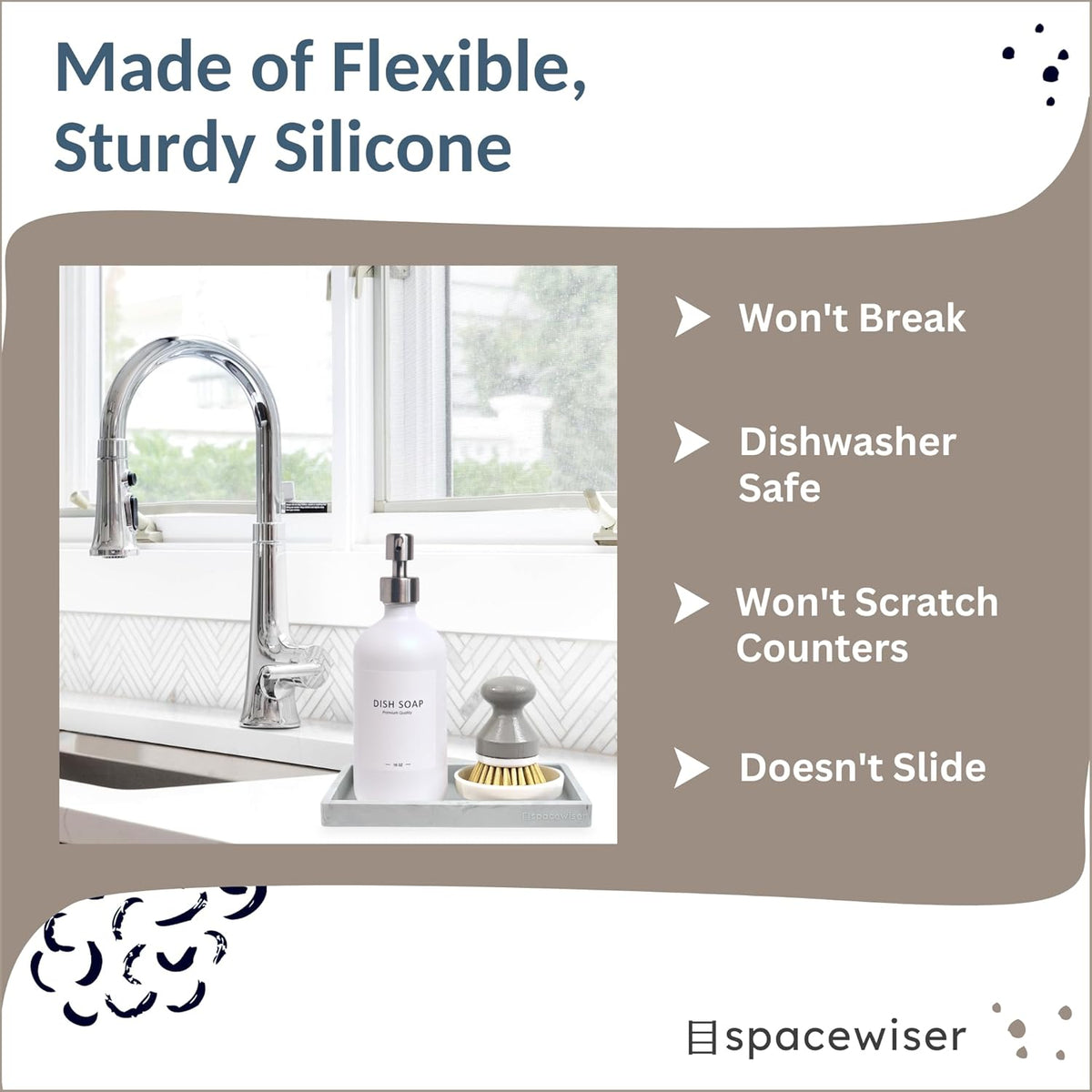 Countertop and Vanity Tray - Small 7.7” Silicone Tray for Soap Dispenser Bottles, Sponge Holder for