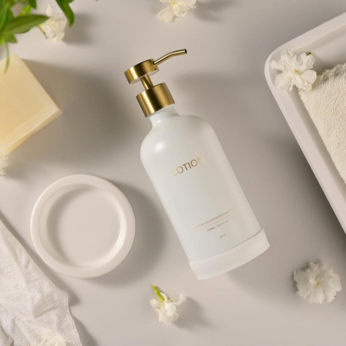Glass Soap Dispenser Set by Janxin,Bathroom Soap Dispenser Set with Ceramic Tray,Luxury Bathroom
