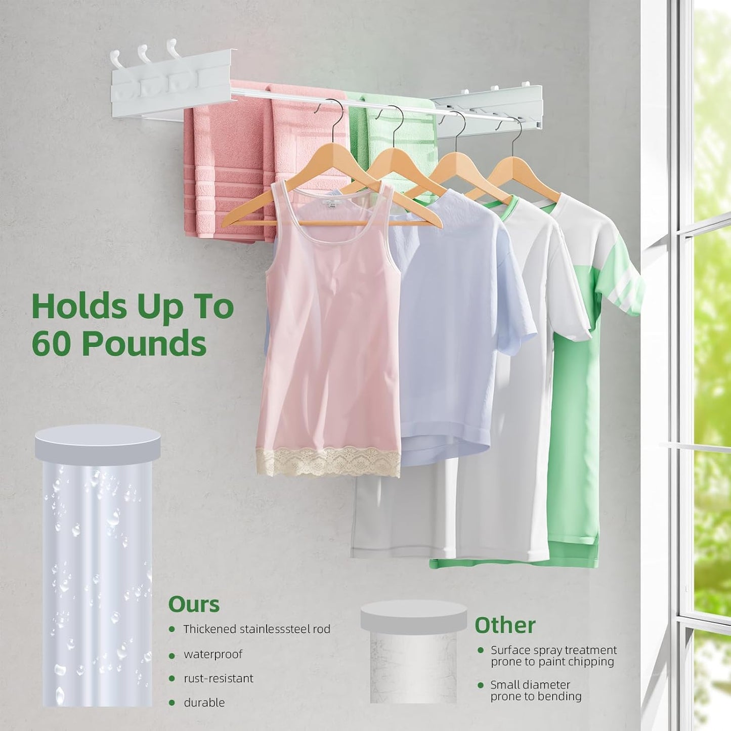 Wall Mounted Drying Rack 31.5", Foldable Clothes Drying Rack with 6 Towel Hooks and 5 Rods for