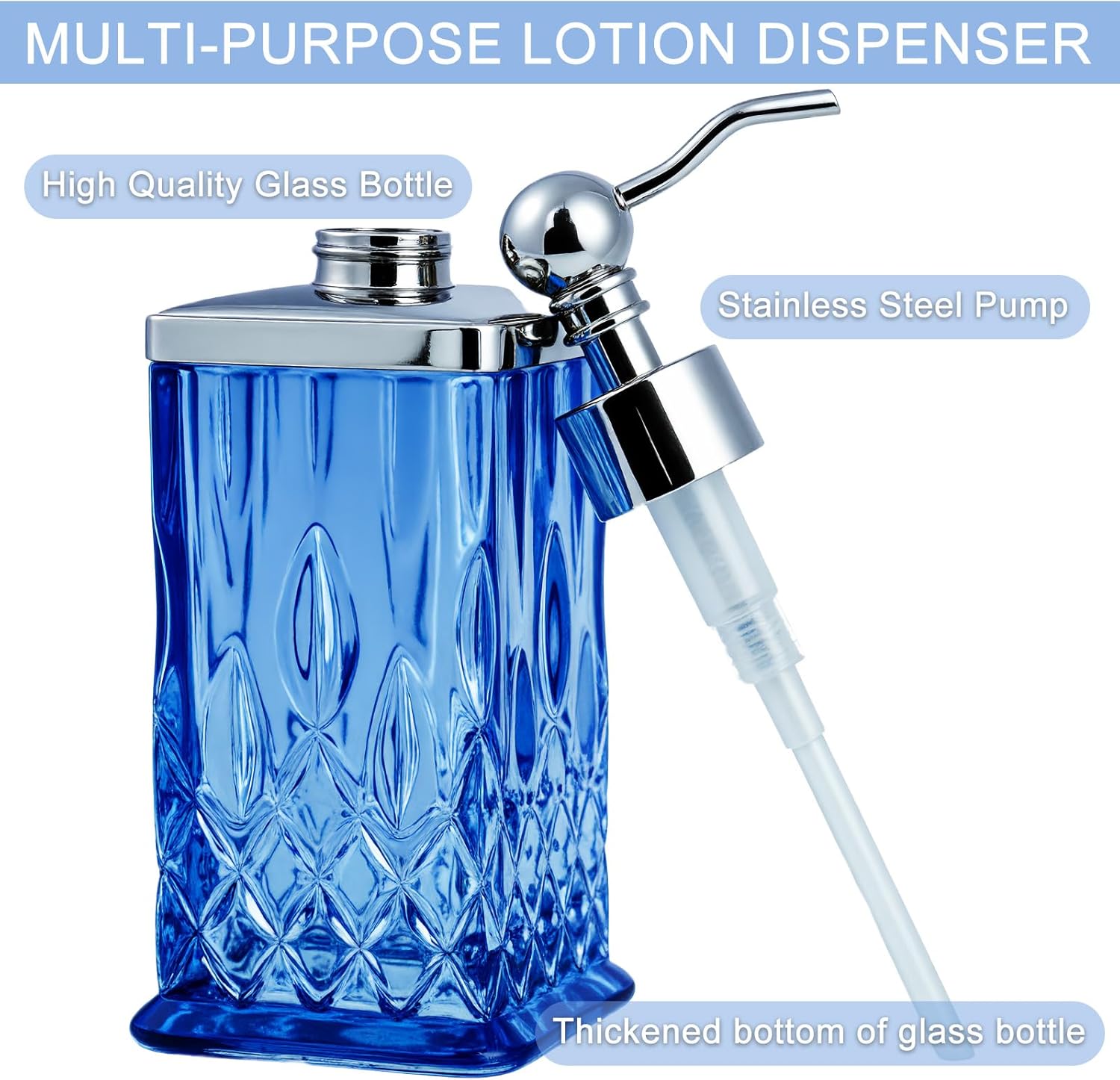 10Oz Diamond Grid Pattern Blue Glass Soap Dispenser with Rust Proof Stainless Steel Pump,Refillable
