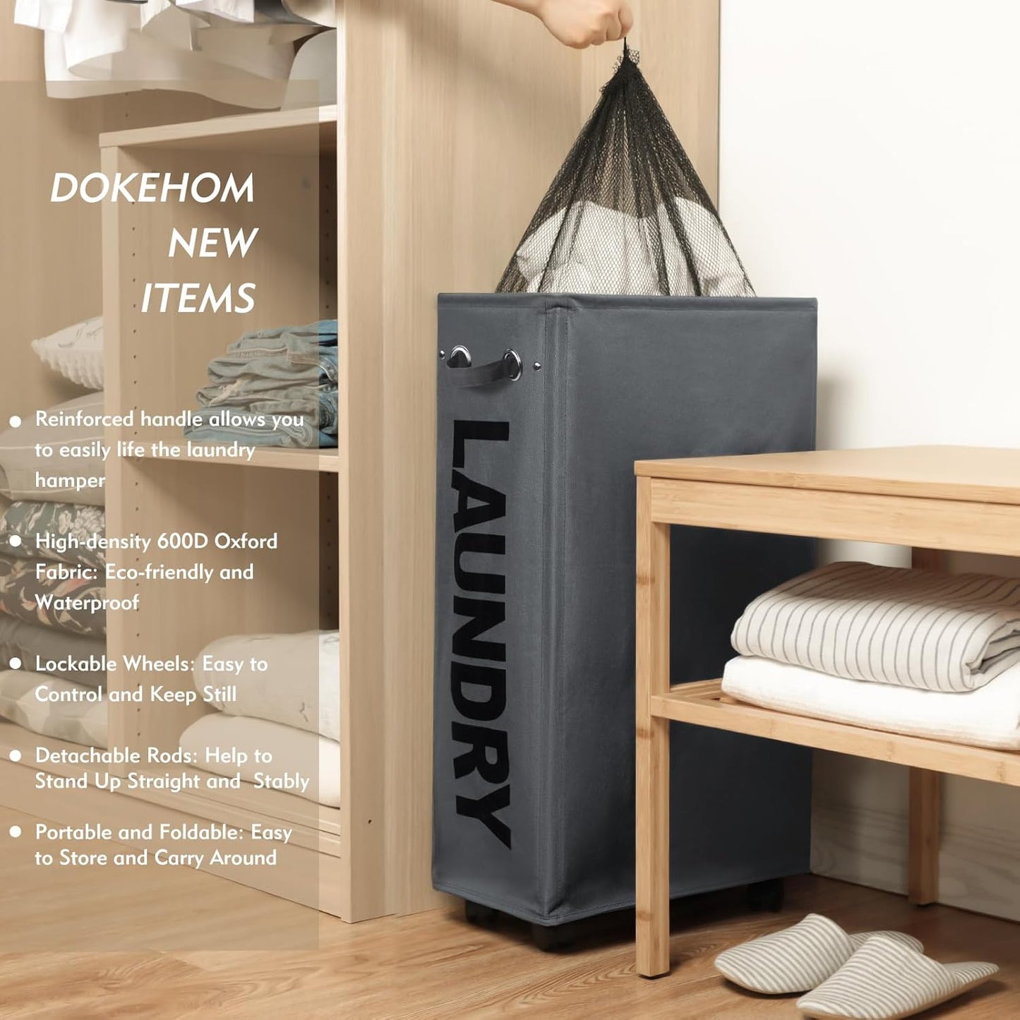 DOKEHOM 29-Inches Enlarged Slim Laundry Basket with Removable Wash Bag on Wheels, Collapsible