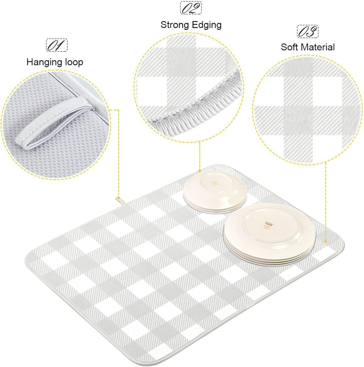 Buffalo Plaid Gray White Dish Drying Mat for Kitchen Countertop 18x24 Chessboard Rectangle Large