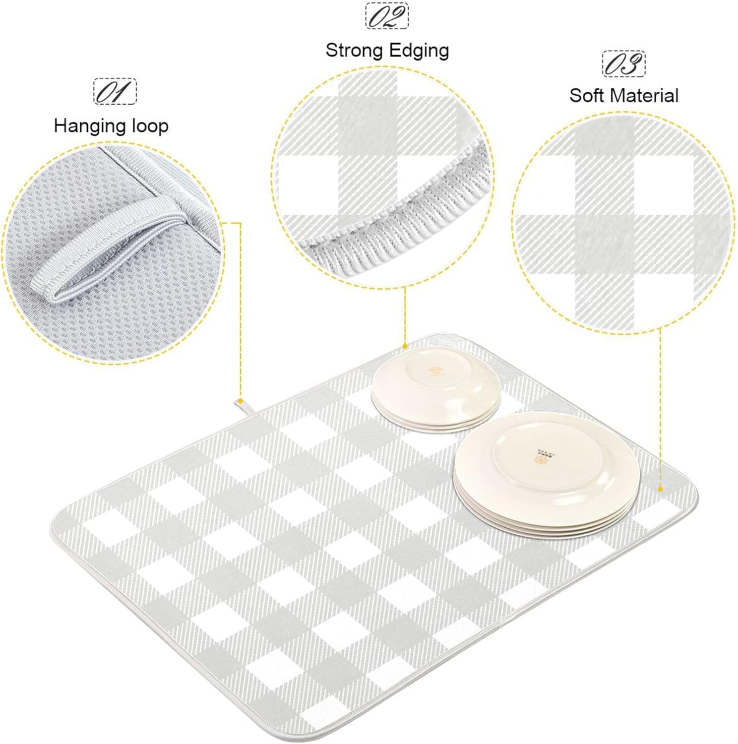Buffalo Plaid Gray White Dish Drying Mat for Kitchen Countertop 18x24 Chessboard Rectangle Large