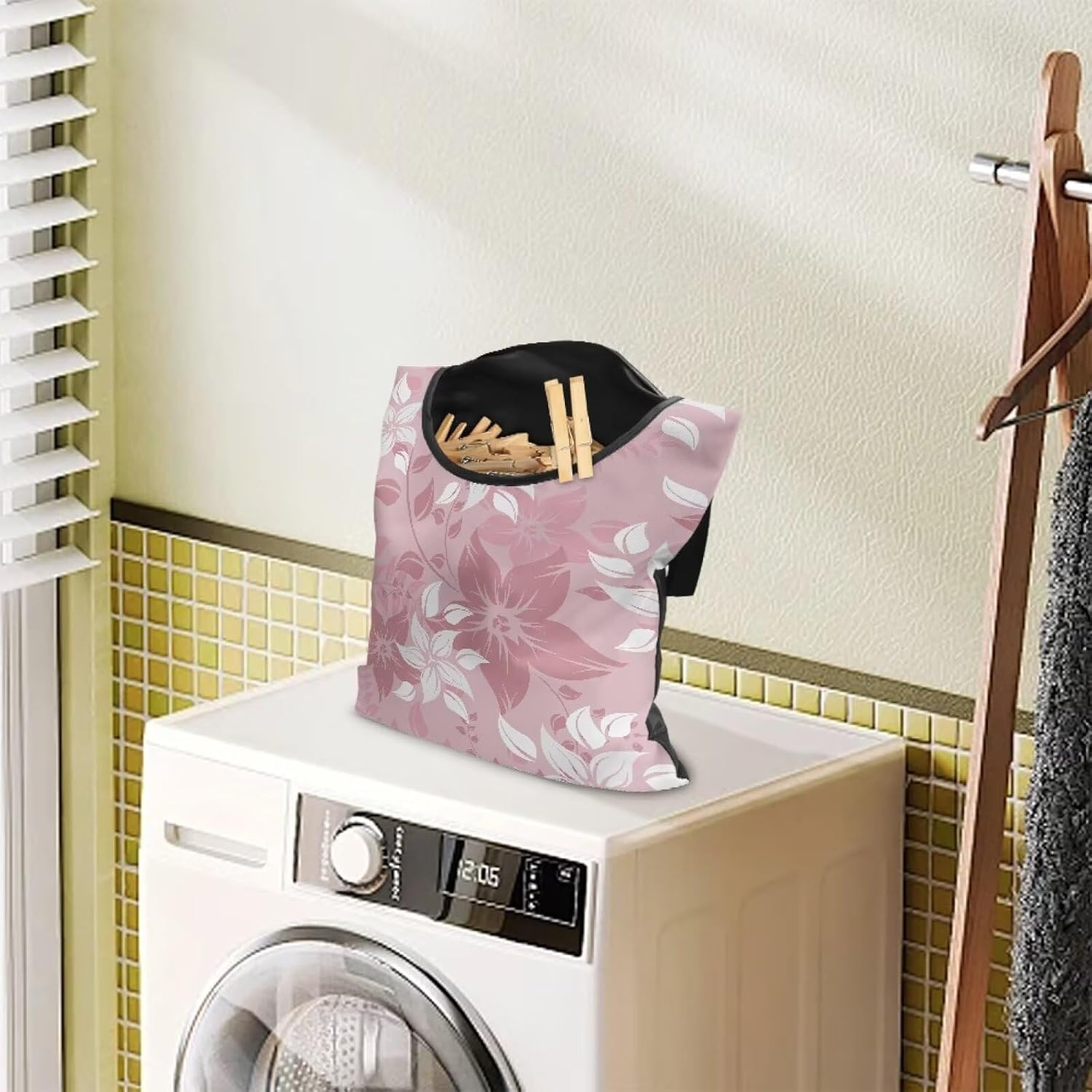 Reinforced Outdoor Clothespin Storage - Minimalist Pink Flower Print Windproof Hanging Bag with