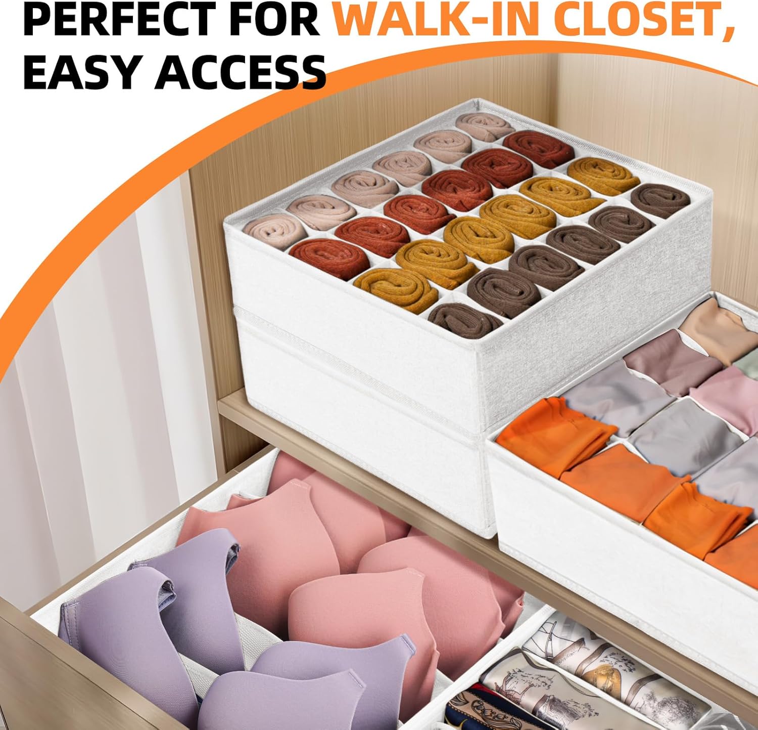 Criusia Drawer Organizer - 6 Set Clothes Organizer for Closet & Bedroom - 90 Cells Bins for Sock