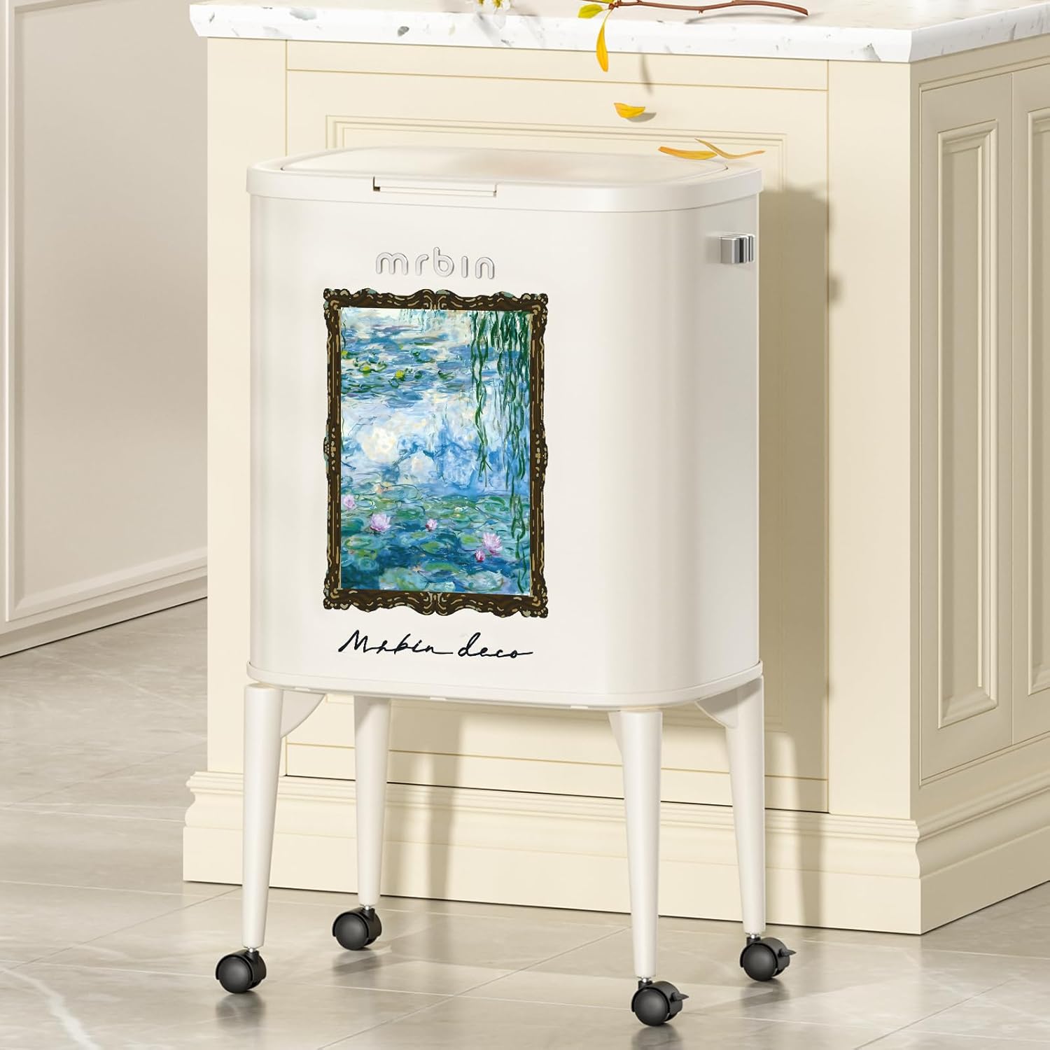 MRBIN Metal Kitchen Trash Can with Wheel Legs, 36L / 9.5gal Medium Press Lid Slim Removable Waste