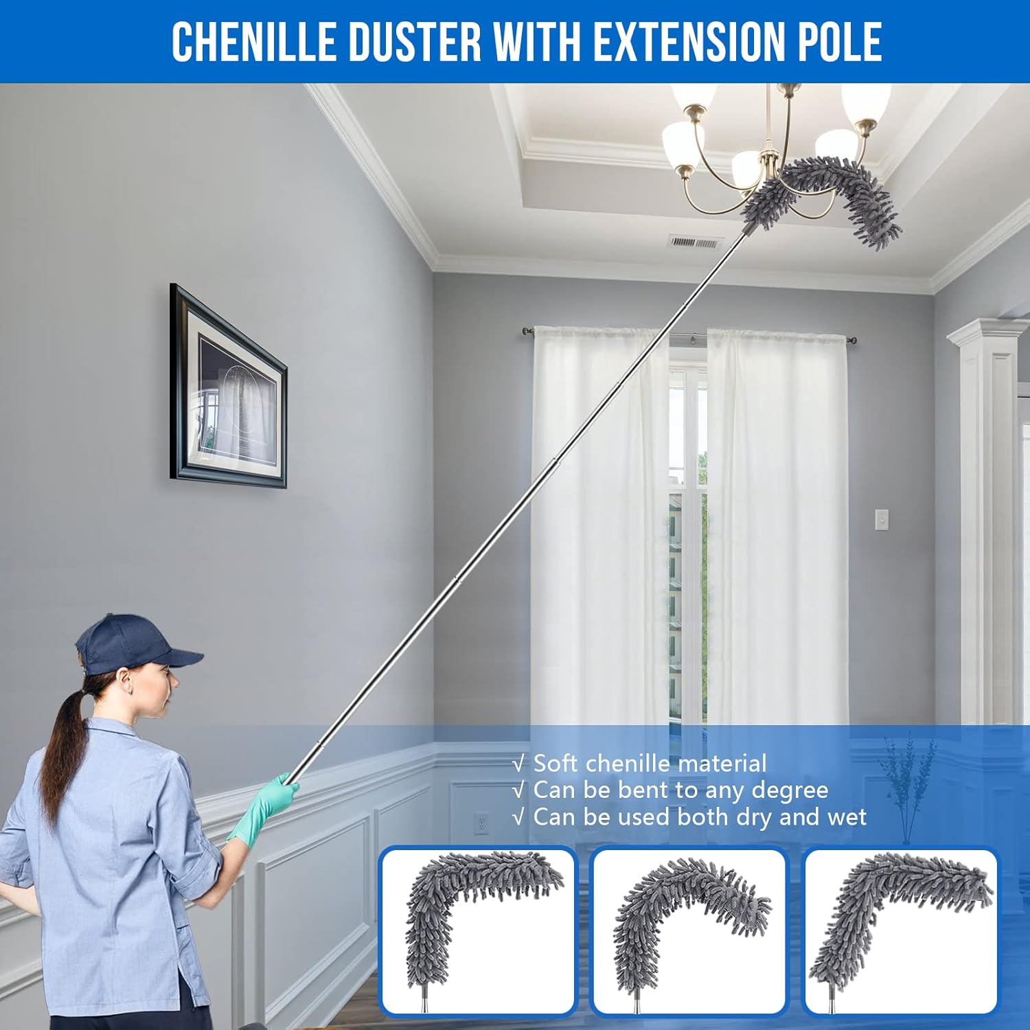 Microfiber Feather Duster Kit with Extension Pole (30–100") – Bendable Washable Heads, Extendable