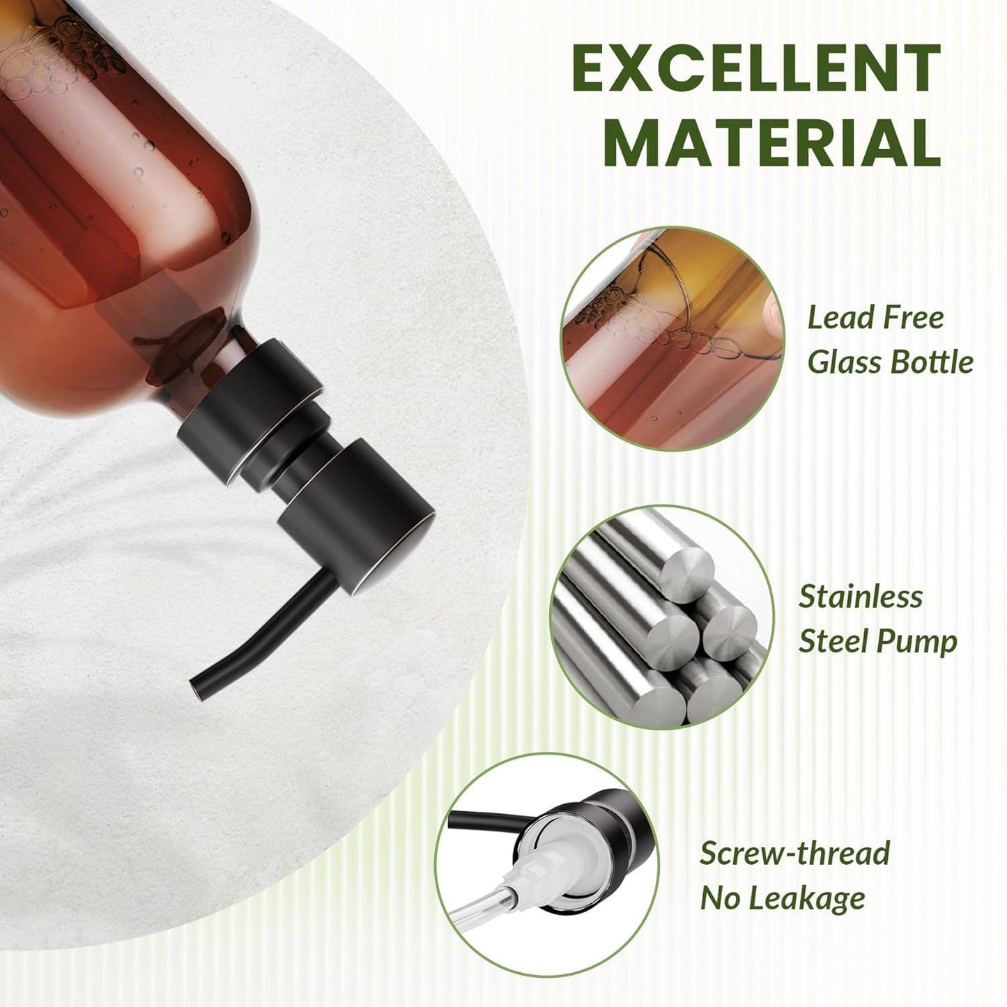AmazerBath Amber Glass Soap Dispensers, 2 Glass Amber Pump Bottles, 17 Oz Dish Soap Dispenser