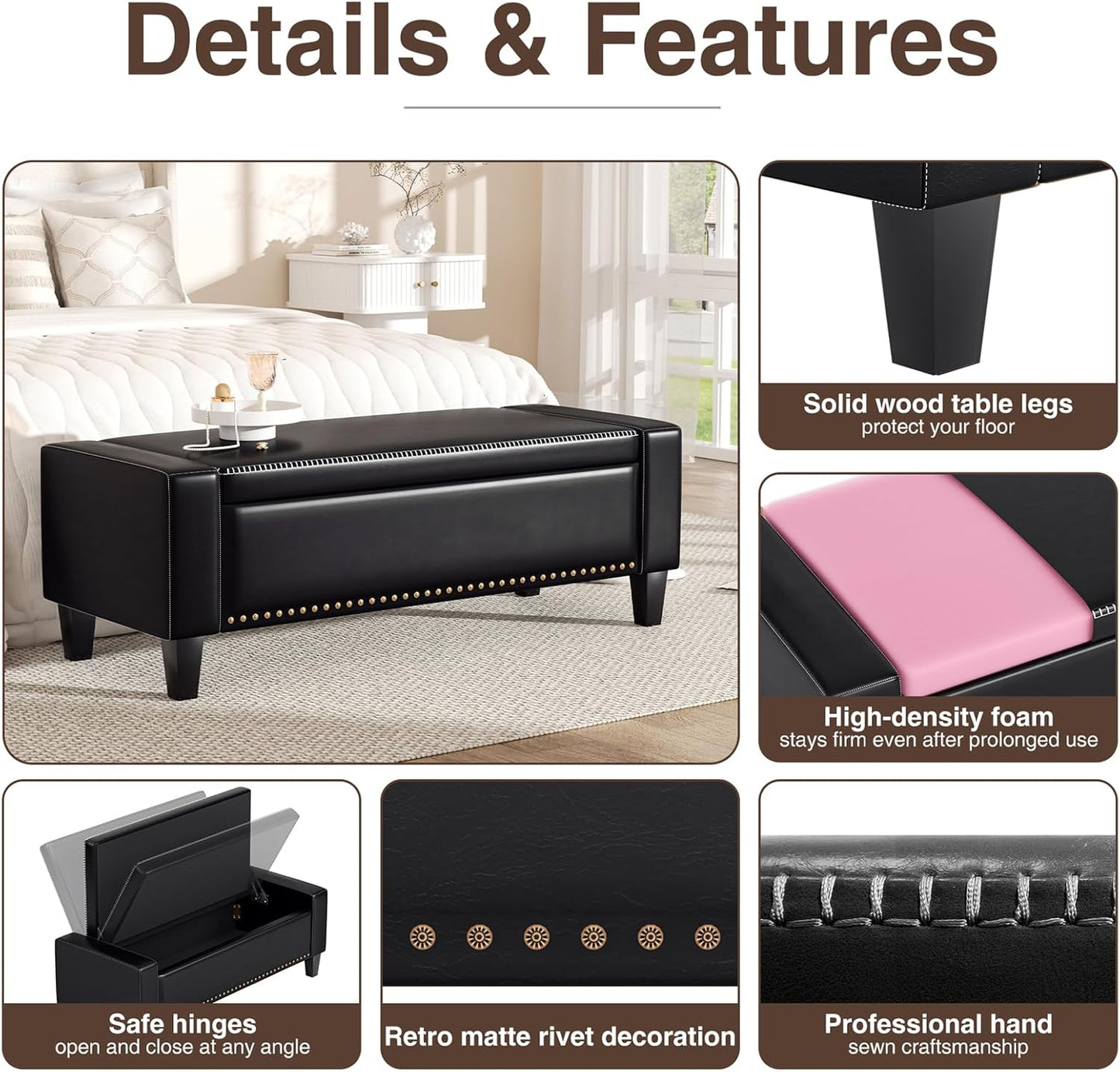 48.8" Storage Ottoman Bench Black | Faux Leather Bedroom Bench with Lift Top for Living Room & Bed