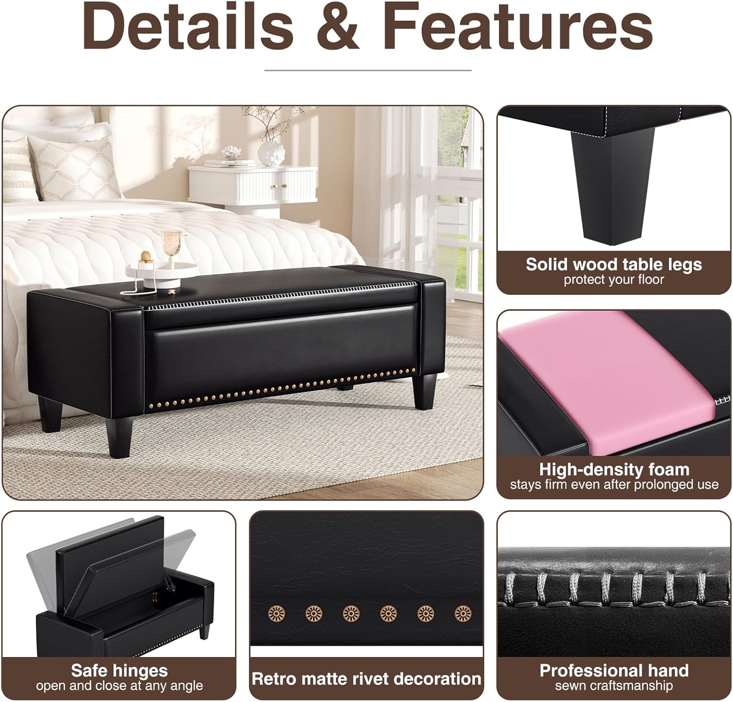 48.8" Storage Ottoman Bench Black | Faux Leather Bedroom Bench with Lift Top for Living Room & Bed