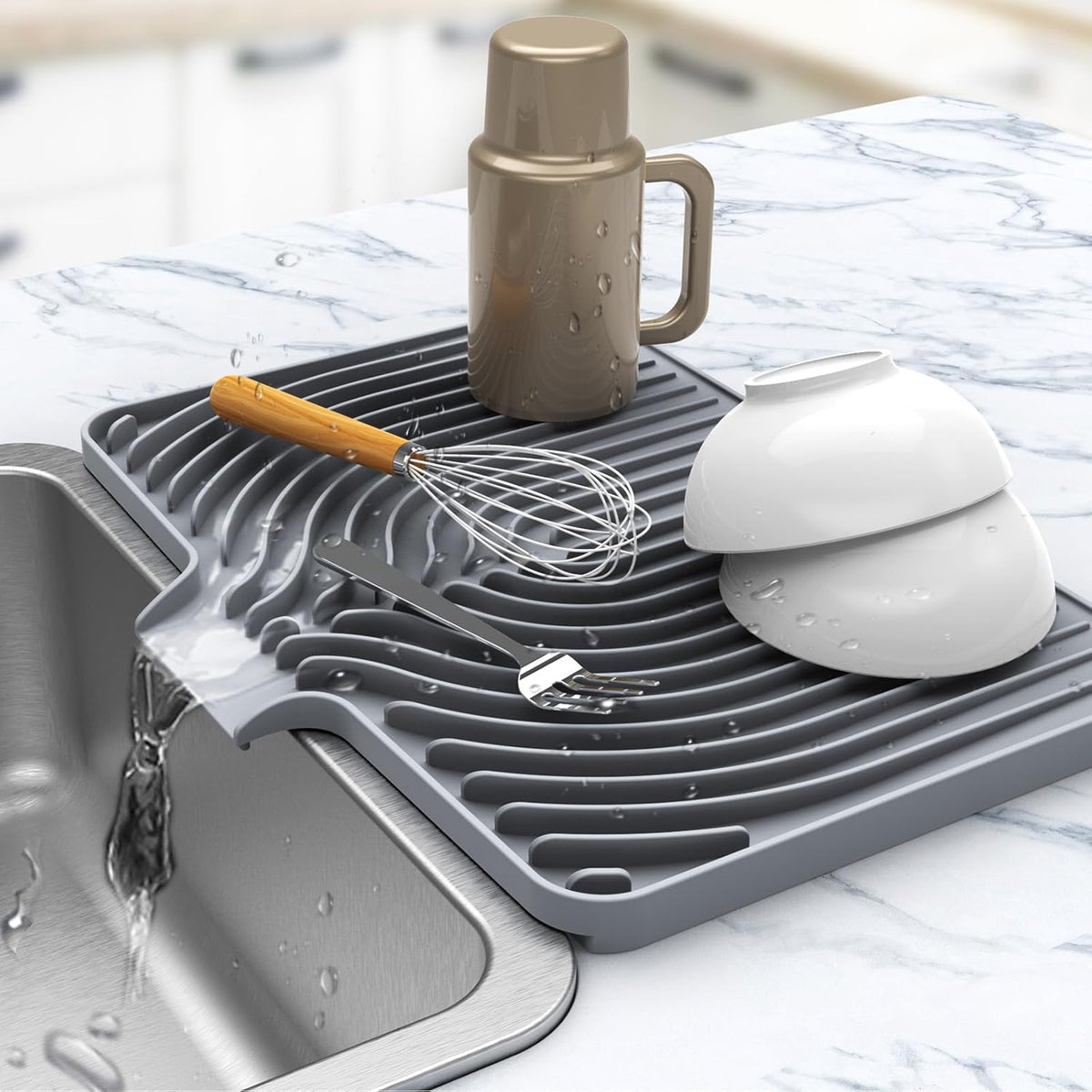 Kitchen Drying Mat for sink with a bulged edge,18"×12"Silicone Dish Drying Mat with built-in Drain