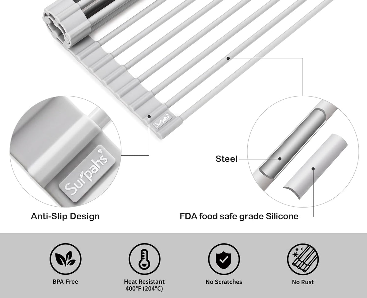 Surpahs Over Sink Foldable Multipurpose Roll-Up Dish Drying Rack, Silicone Wrapped Stainless Steel