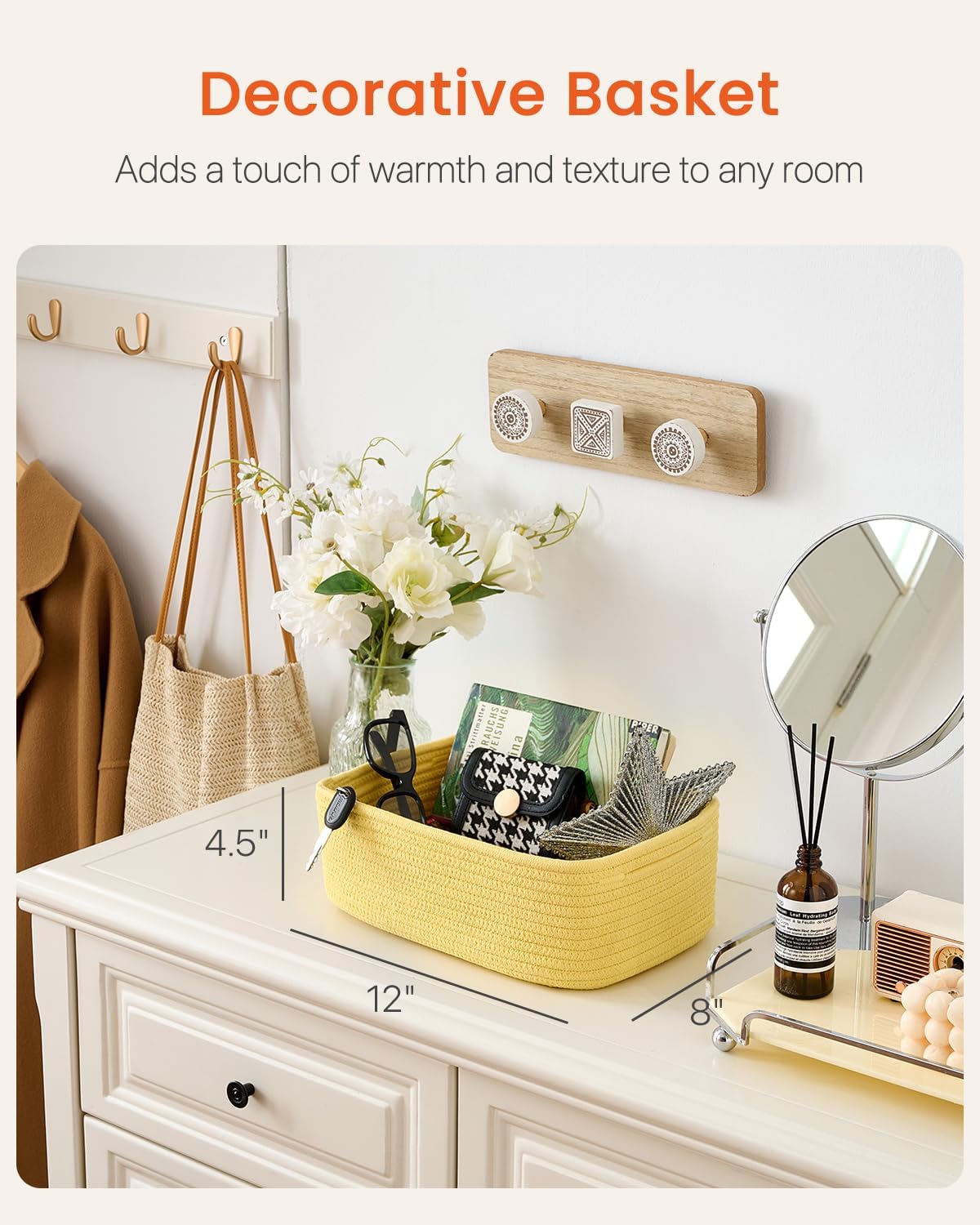 Small Woven Basket, 12 x 8 x 4.5 Inches, Storage Basket for Organizing, Cute Small Rope Shelf