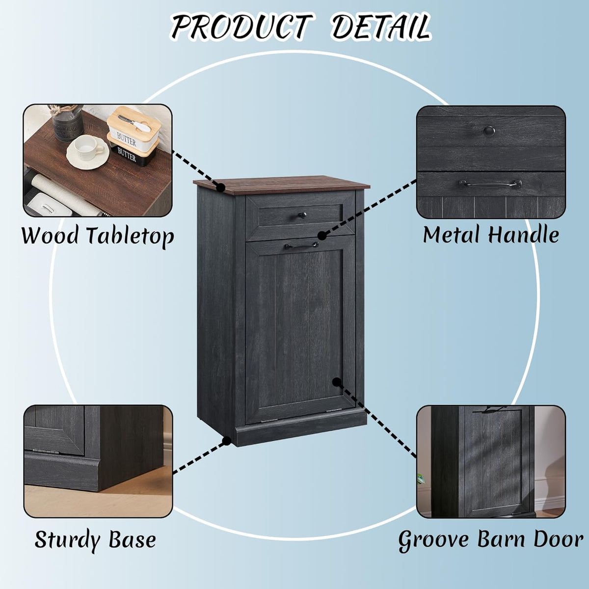 Tilt Out Laundry Hamper Cabinet, 10 Gallon Farmhouse Trash Can Cabinet with Drawer, Hidden Wood