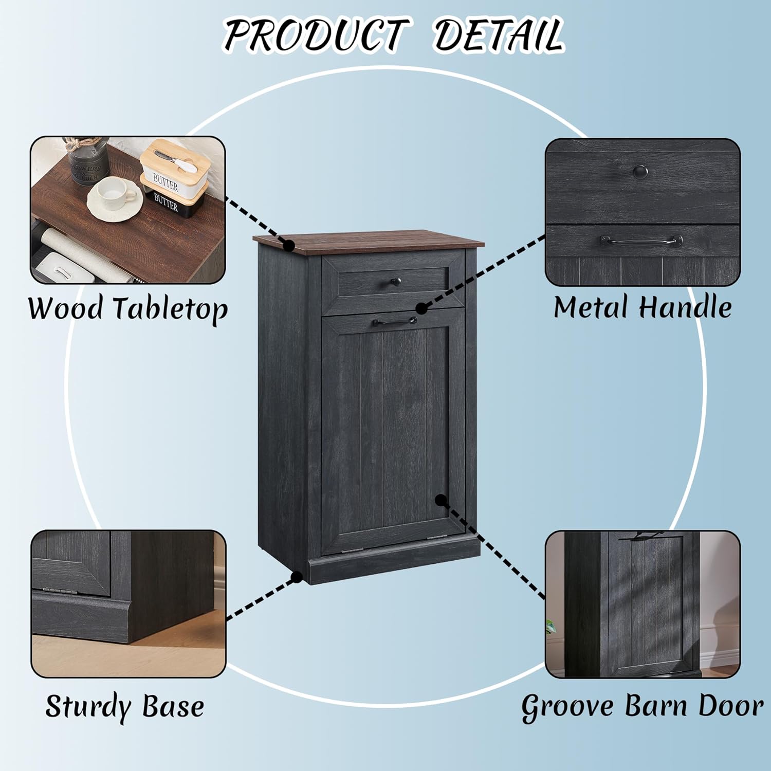 Tilt Out Laundry Hamper Cabinet, 10 Gallon Farmhouse Trash Can Cabinet with Drawer, Hidden Wood