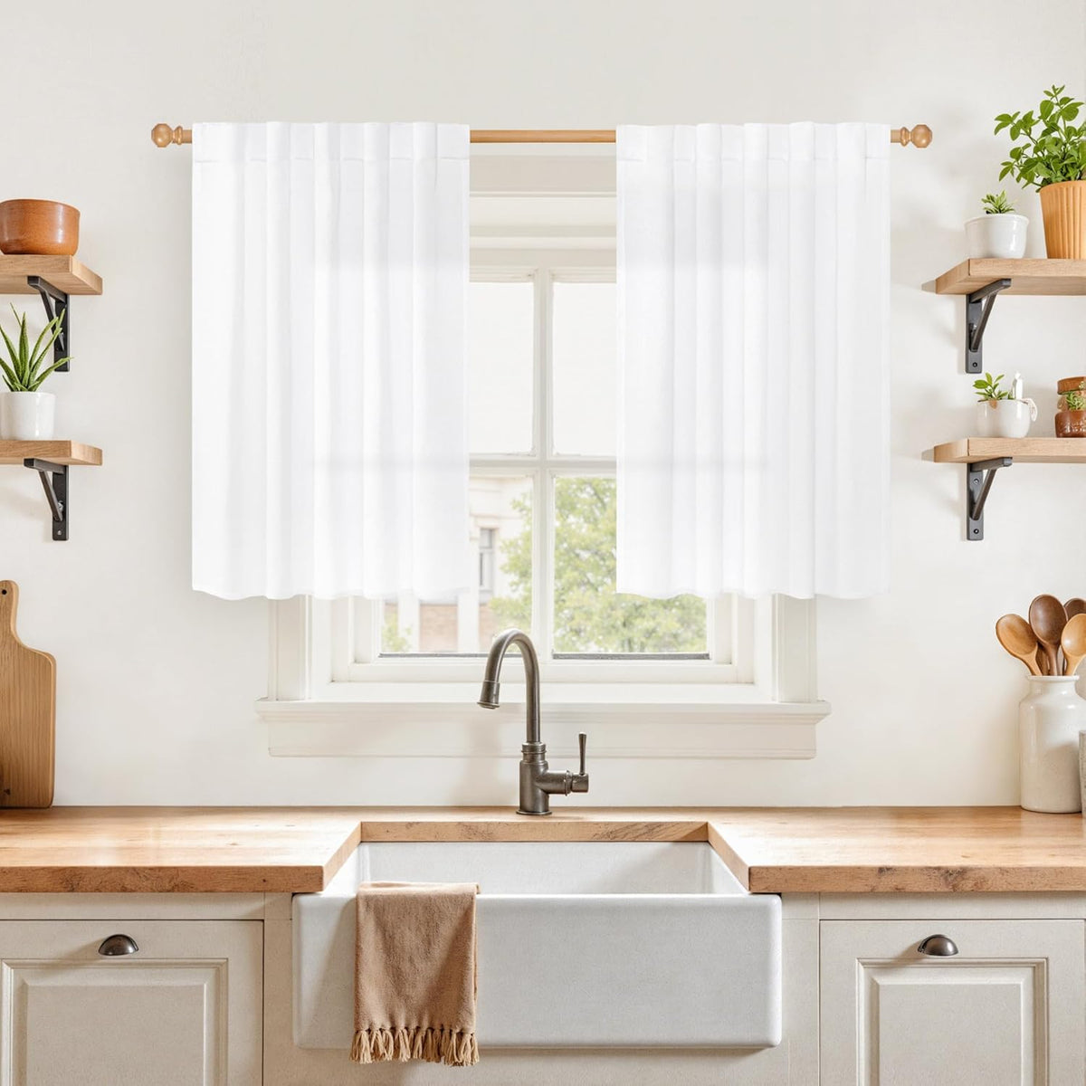 YoungsTex White Linen Cafe Curtains 36 Inch Length 2 Panels - Short Drapes Semi Sheer with Rod