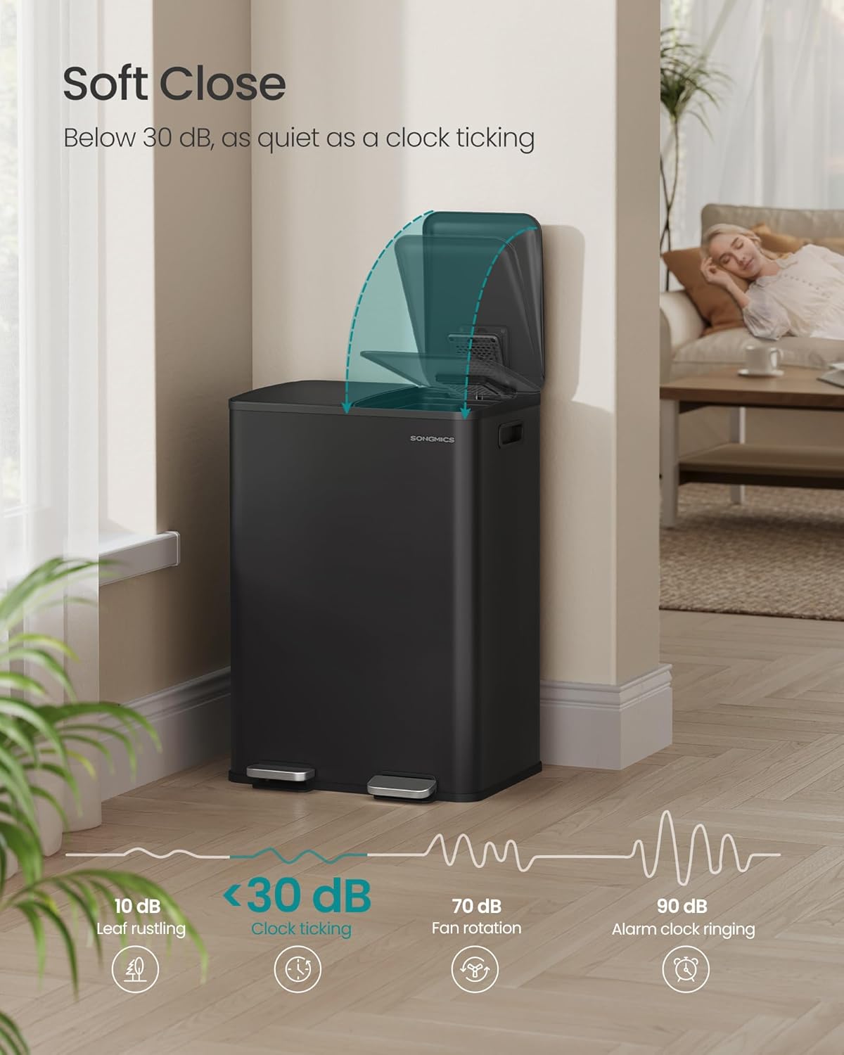 SONGMICS Trash Can, 2 x 8 Gallon (2 x 30 L) Dual-Compartment Garbage Can with Soft-Close Lid, Pedal