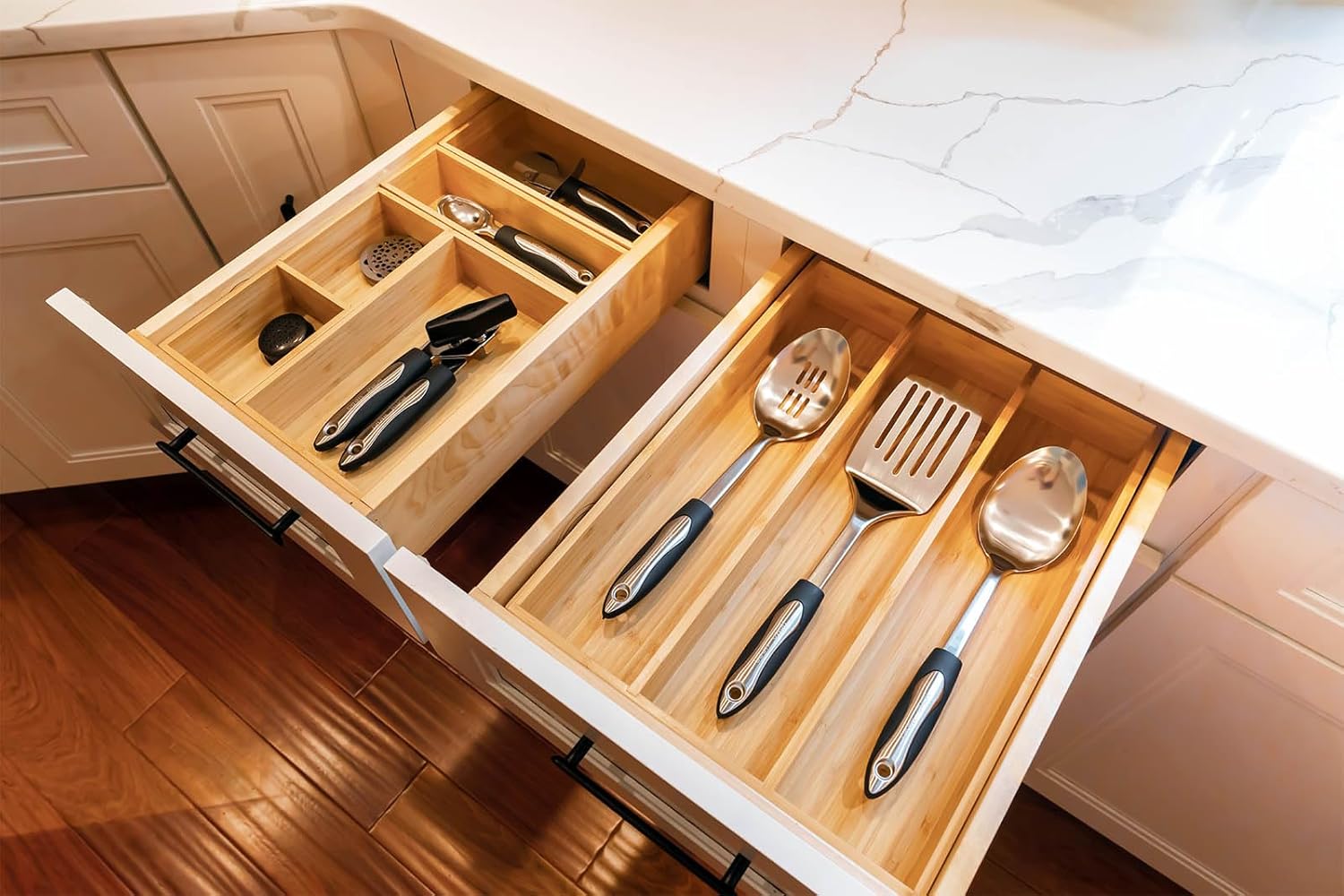 Umilife Bamboo Kitchen Utensils Organizer, 13 Inch Drawer Dividers for Silverware, Extra Deep