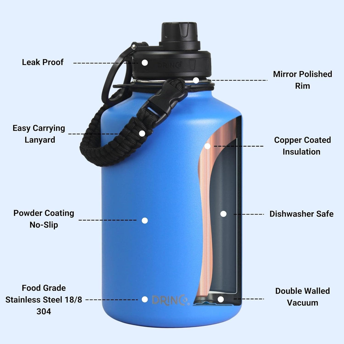 Drinco Stainless Steel Water Bottle Spout Lid Vacuum Insulated Double Wall Water Bottle Wide Mouth