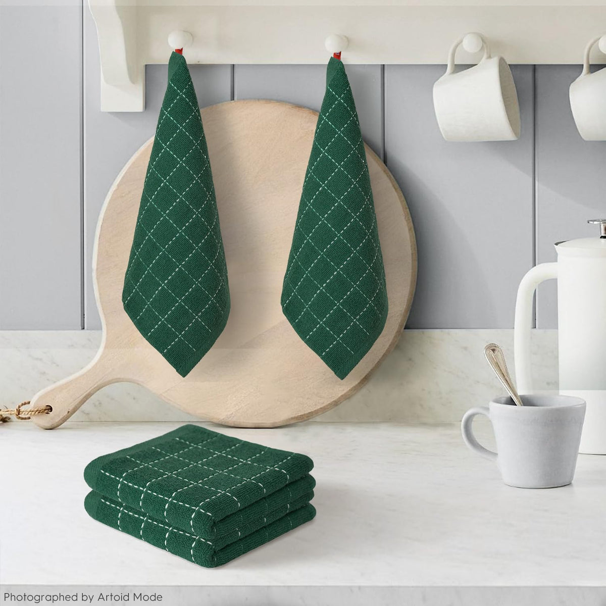 Artoid Mode Checkered Designed Cotton Green Terry Kitchen Dish Cloths, 12x12 Inch Soft Absorbent