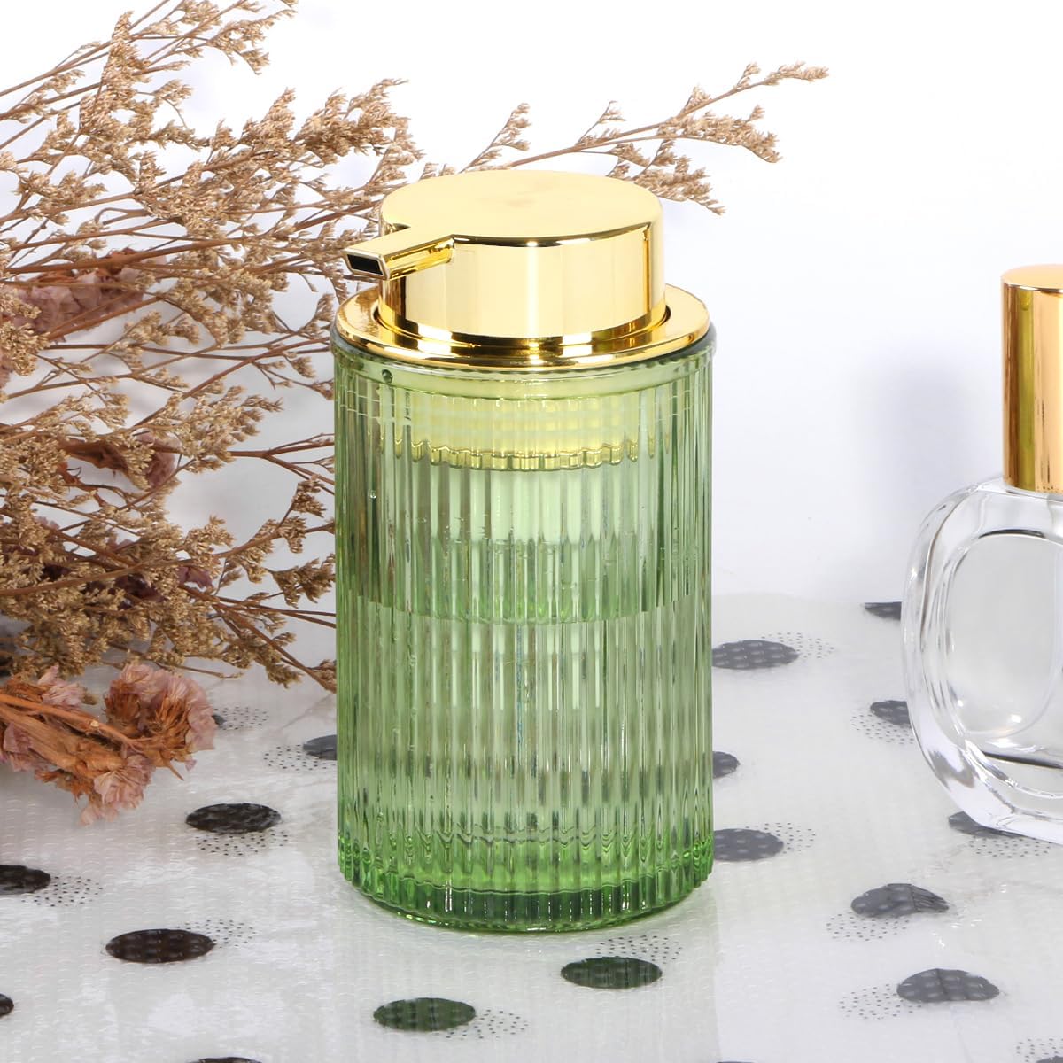Green Foaming Soap Dispenser, Glass Foam Hand Soap Dispenser with Gold Pump, 12 Oz Bathroom