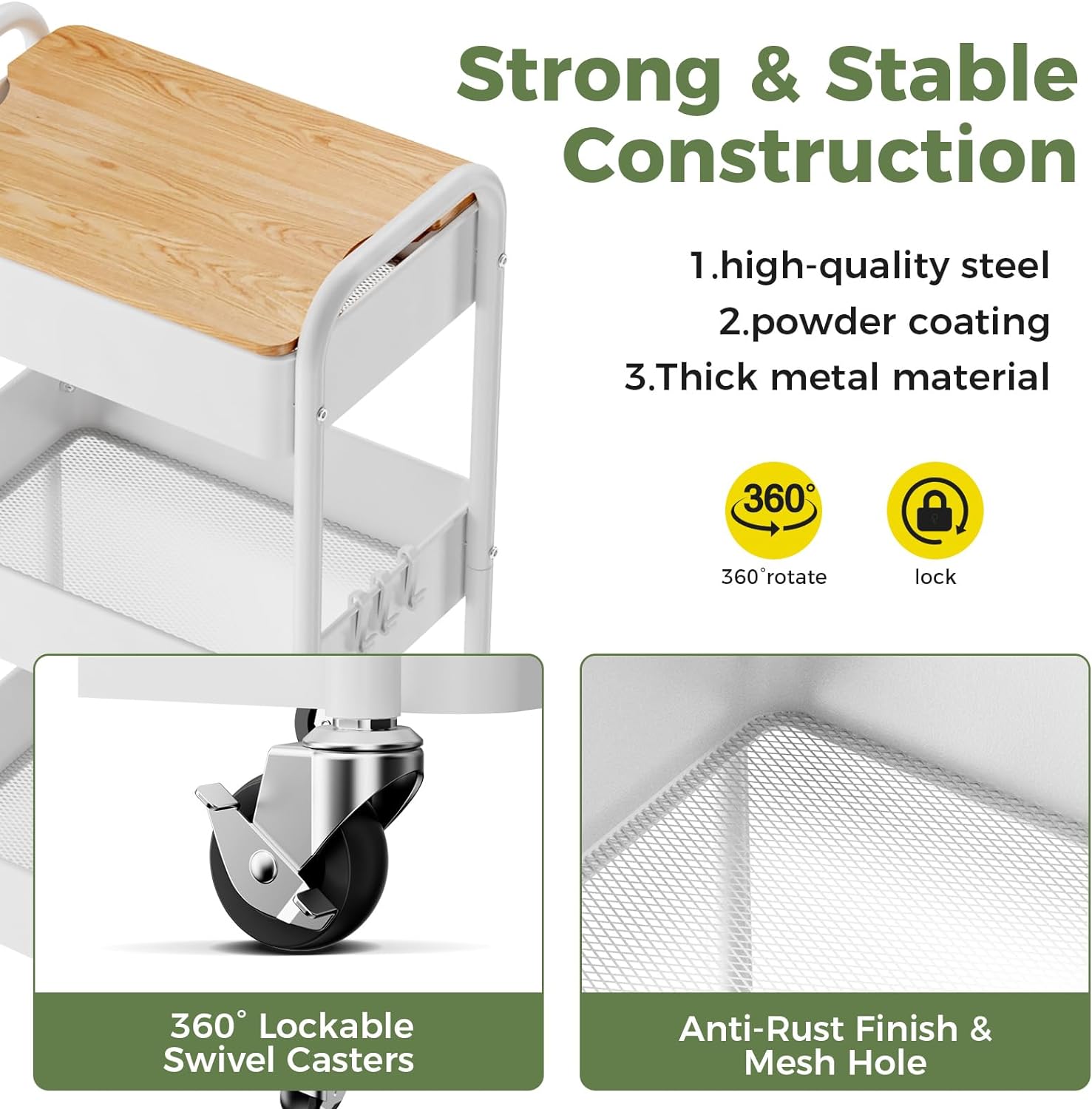 3 Tier Rolling Cart with Table top, Metal Rolling Utility Cart on Wheels, Sturdy Storage Organizer