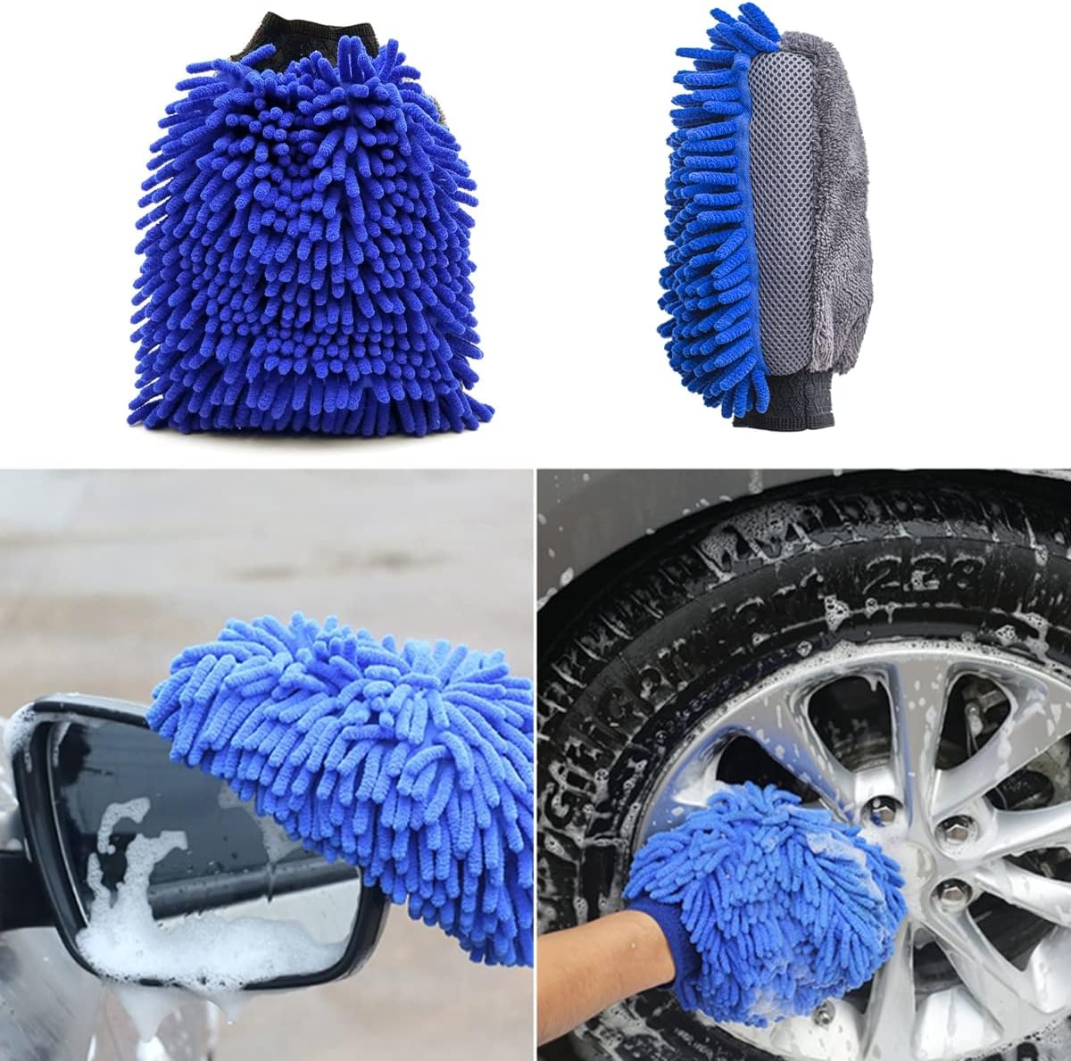 Car Wash Brush With Long Handle, Chenille Microfiber Mop Mitt, 1 Replacement Head, Wheel Brush