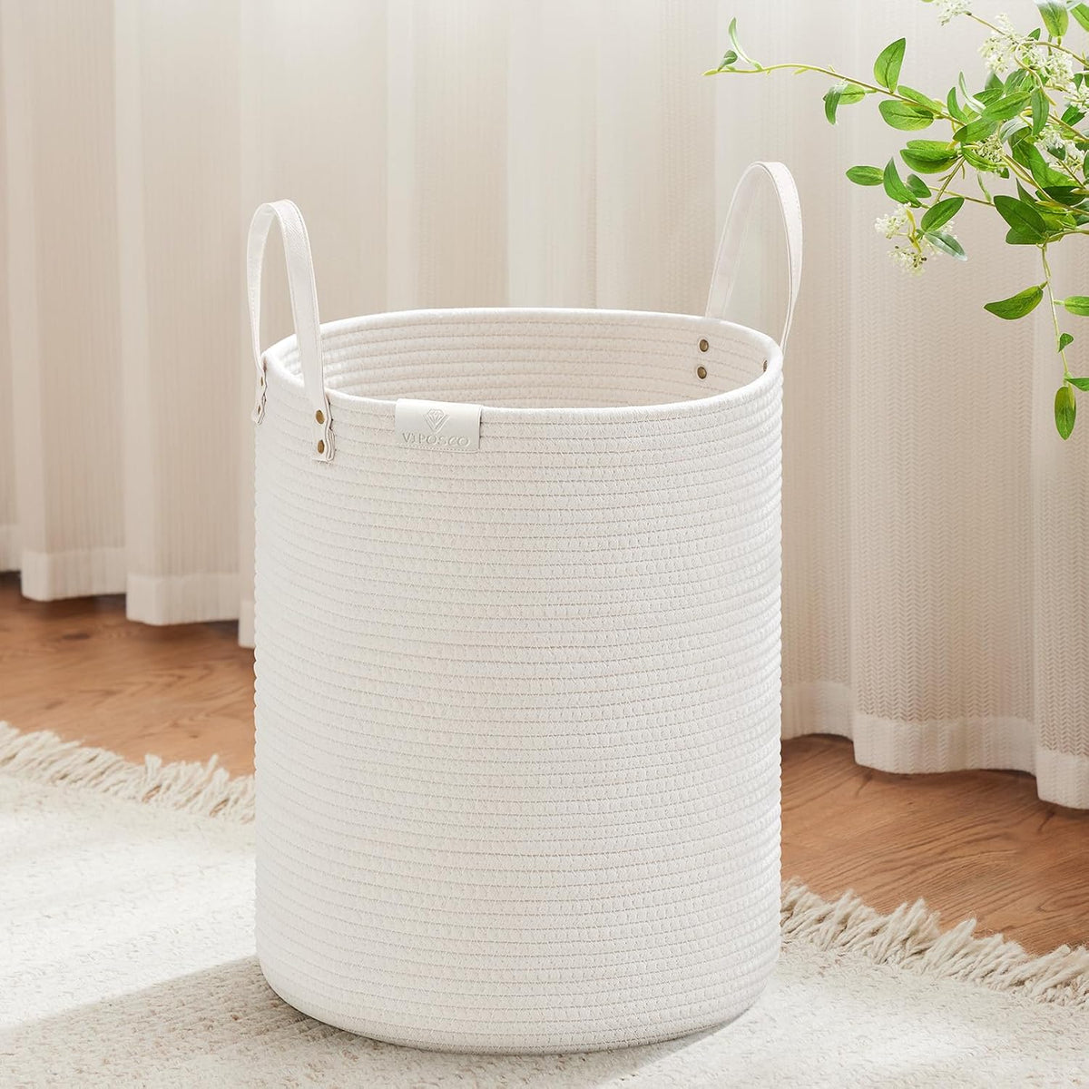 VIPOSCO Tall Laundry Basket, Large Dirty Clothes Hamper with Leather Handle, Woven Rope Storage