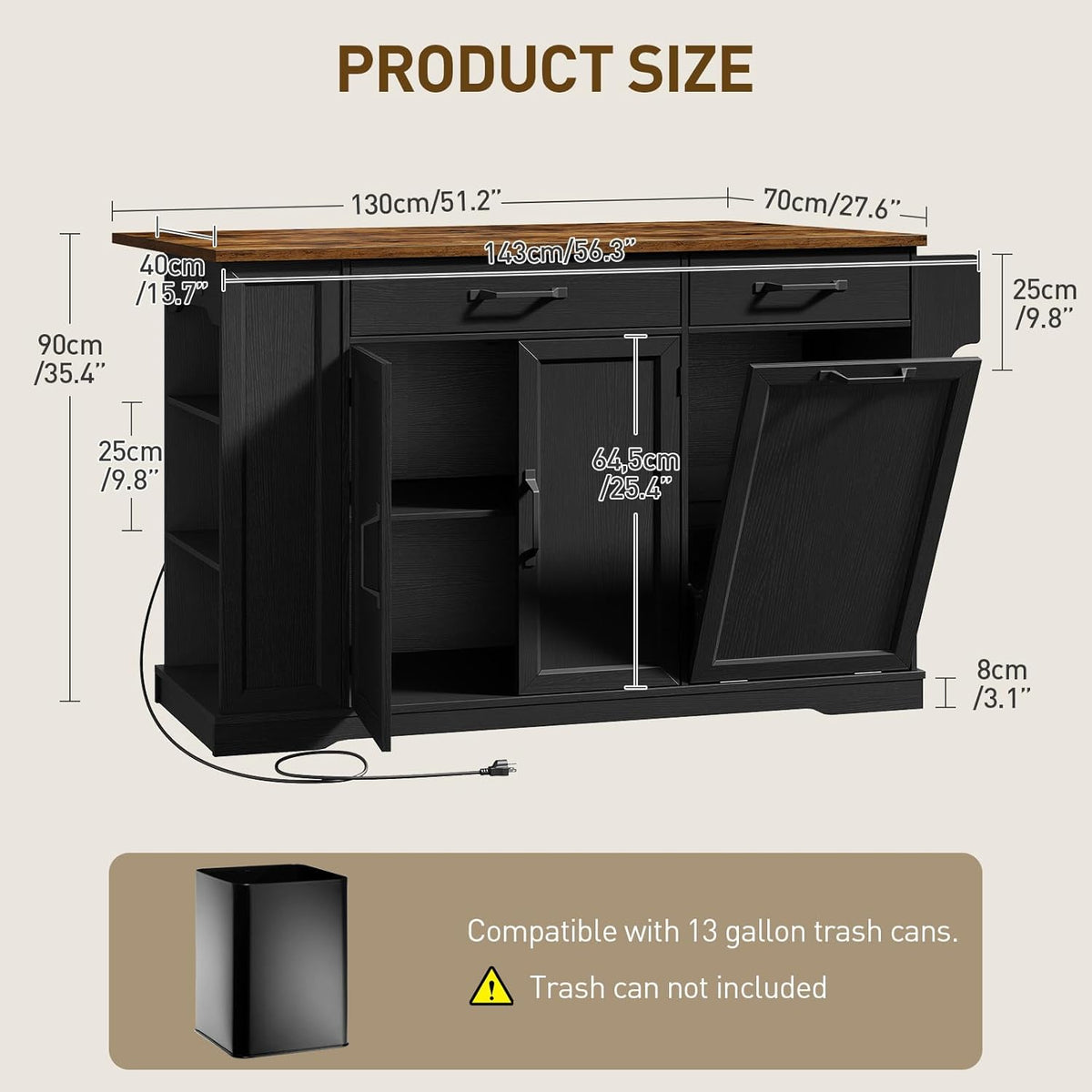 Kitchen Island with Power Outlet & Drop Leaf, Rolling Storage Cart with Trash Storage Cabinet