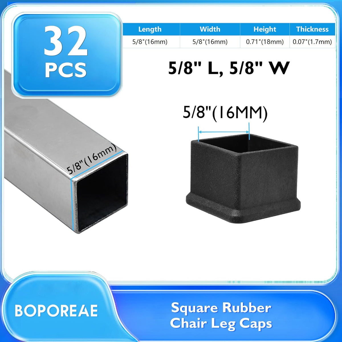 32 Pcs 5/8" x 5/8" Square Rubber Chair Leg Caps, PVC Table Leg Covers, Flexible & Anti-Slip