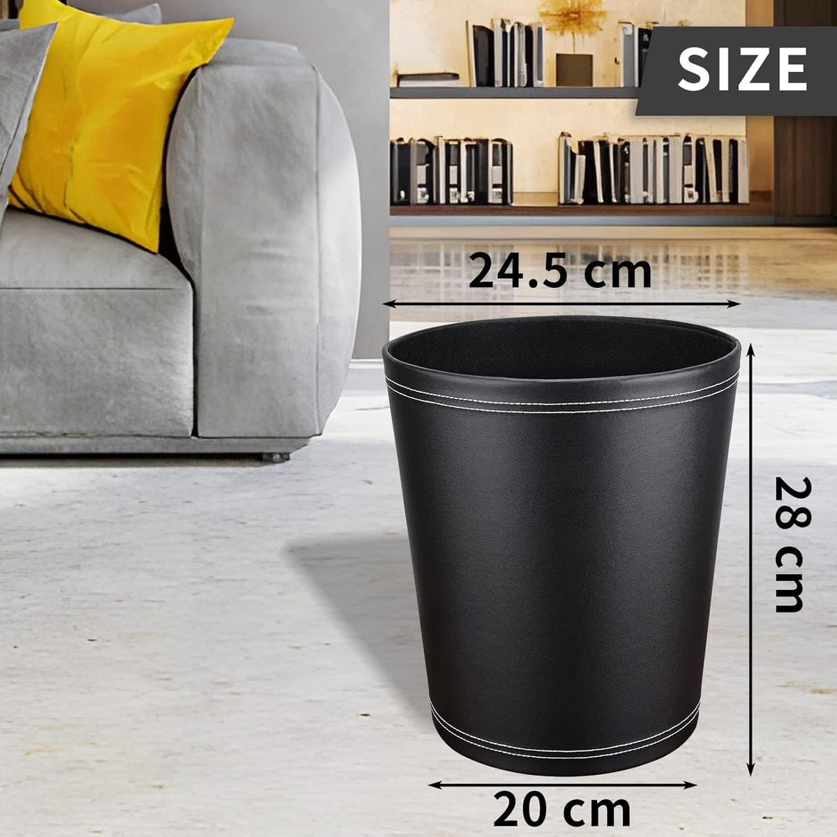 Pu Leather Trash Can, 2.6 Gallon Black Bathroom Trash Can, Small Office Garbage Can Wastebasket for