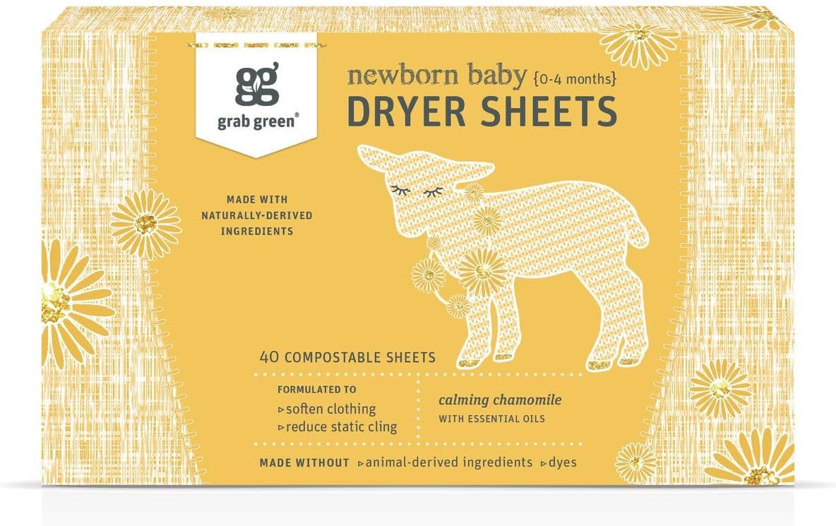 Grab Green Newborn Baby Dryer Sheets, 40 Sheets, Chamomile Scent, Plant and Mineral Based