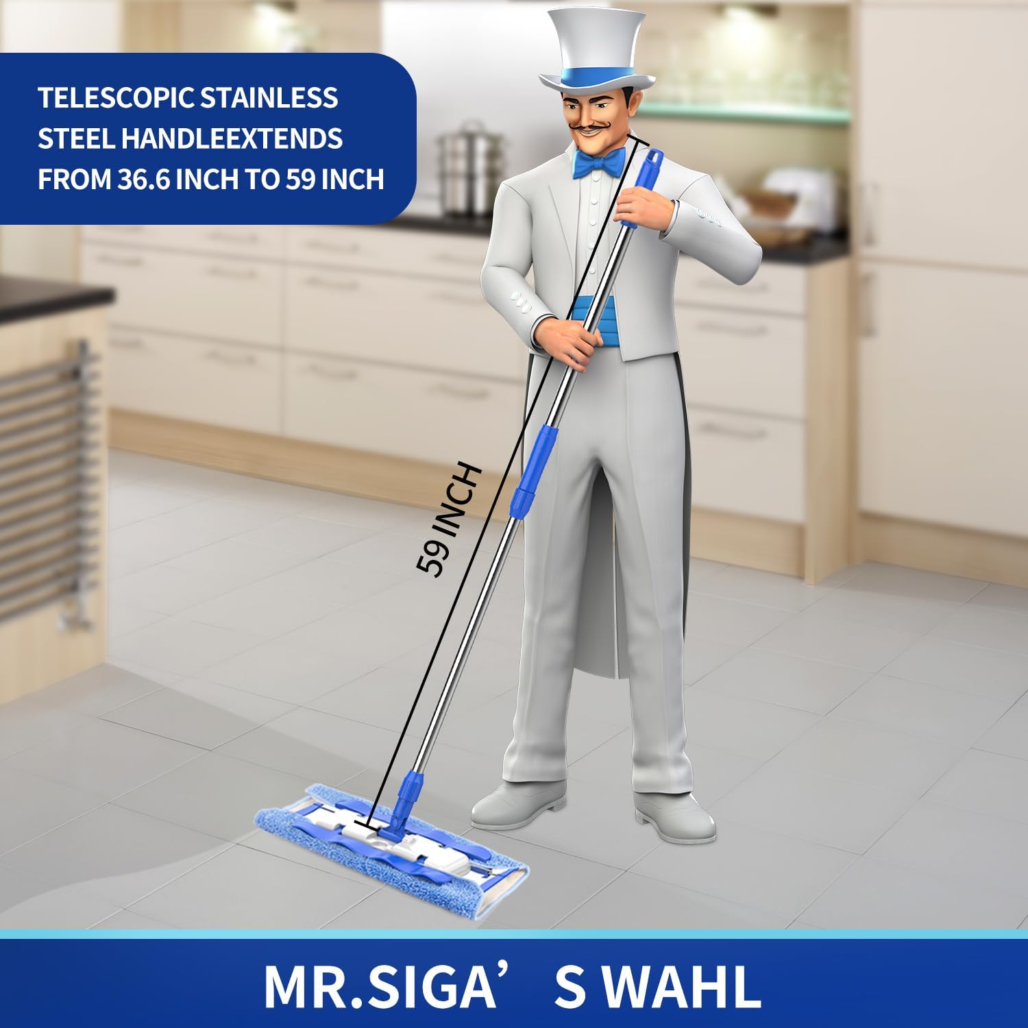 MR.SIGA Professional Microfiber Mop for Hardwood, Laminate, Tile Floor Cleaning, Stainless Steel