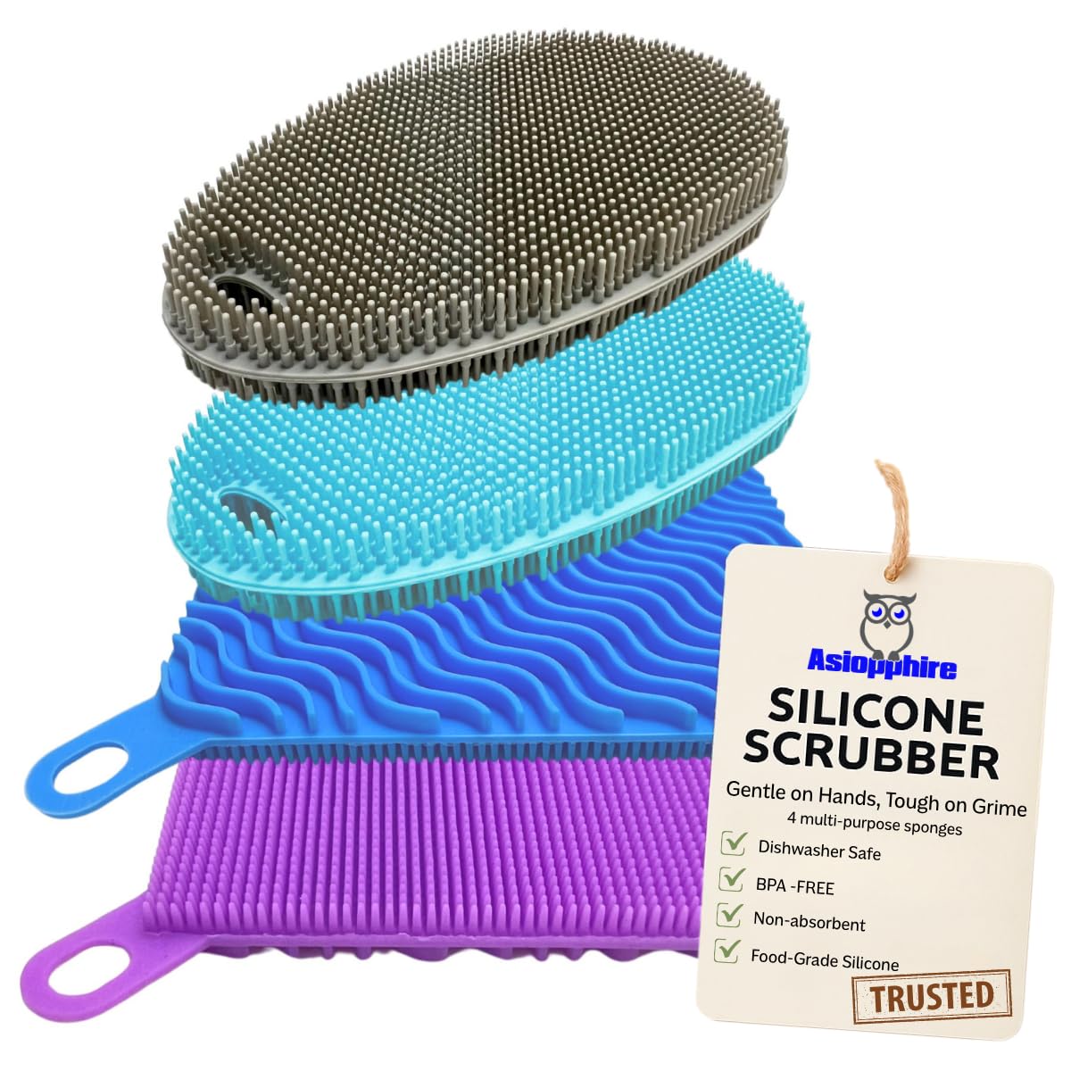 Asiopphire Silicone Sponges for Dishes, 4 Pack Dual-Sided Dish Scrubber