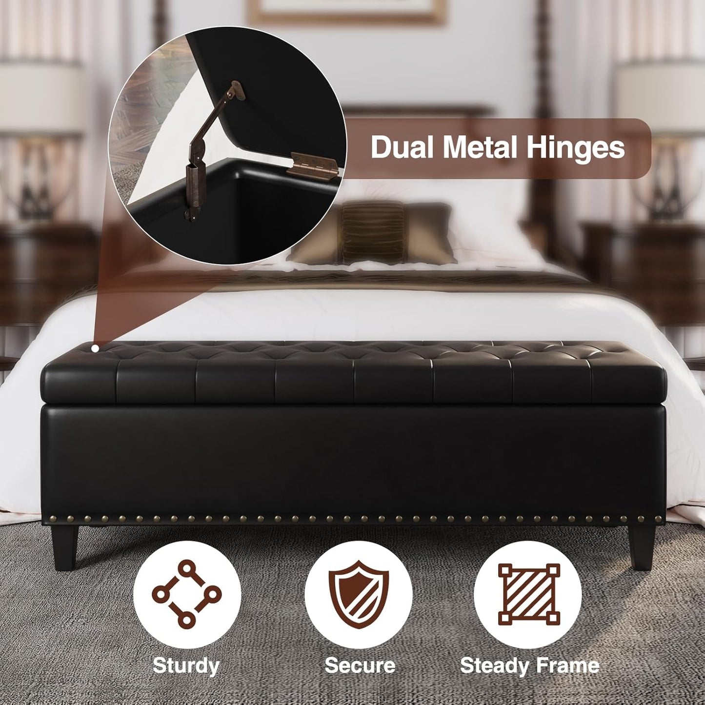 Storage Ottoman Bench, 51-Inch Large Storage Bench for Bedroom End of Bed, 30 Gallons Faux Leather