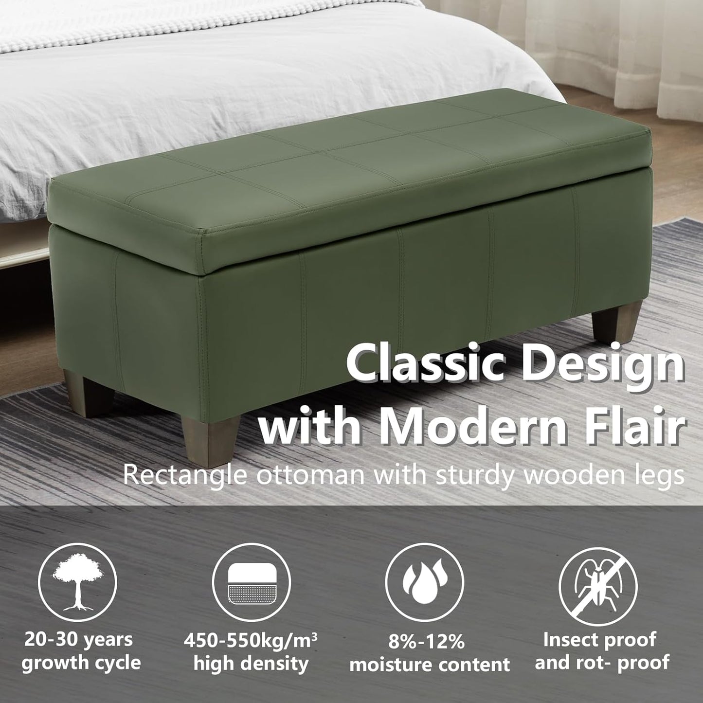 Teal Faux Leather Ottoman with Storage, Rectangular Extra Long Storage Bench for Bedroom and Living