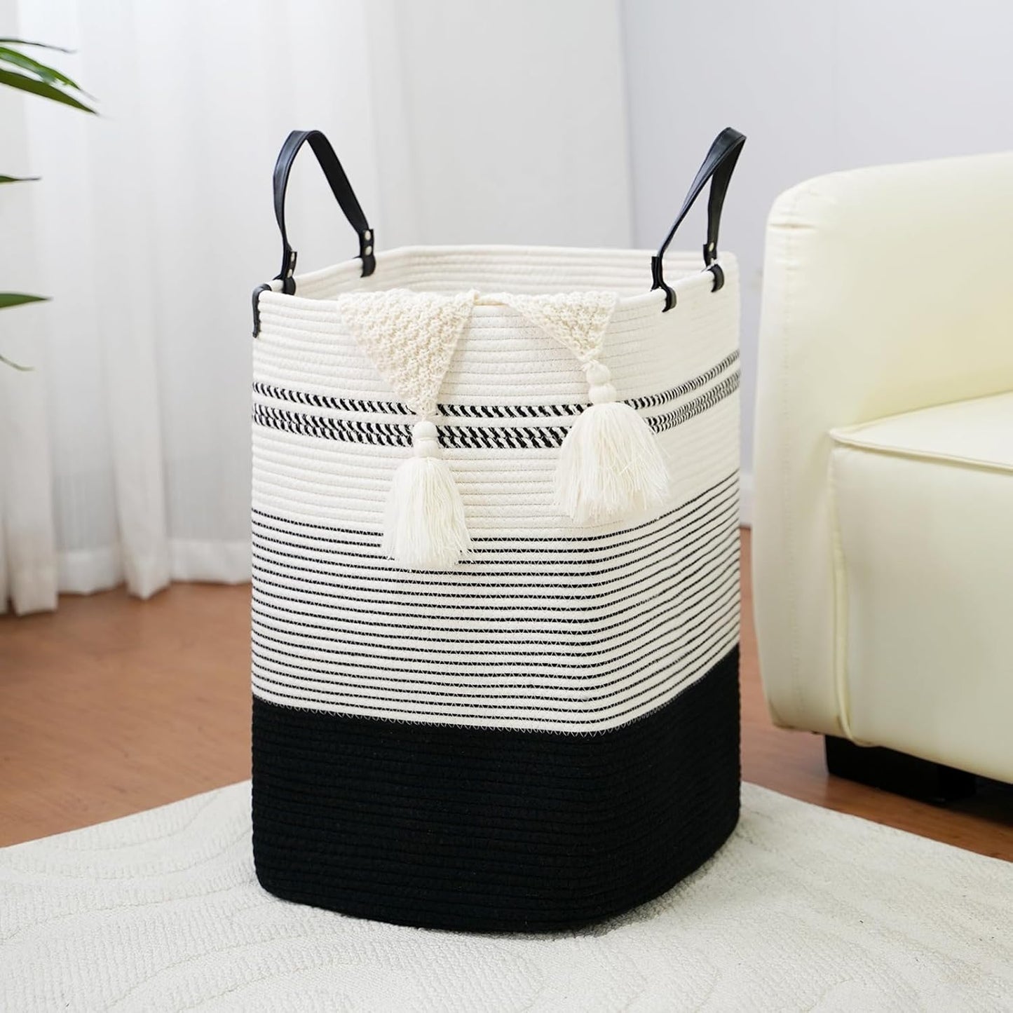 danpinera 75L Woven Laundry Hamper with Long Leather Handles, Baby Laundry Basket for Nursery, Tall