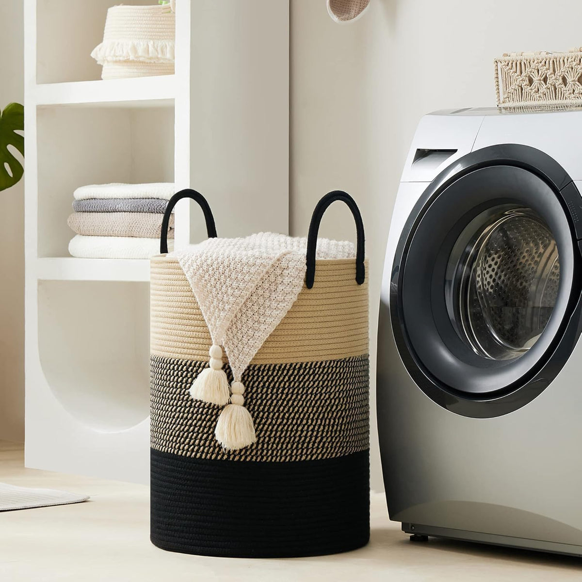 YOUDENOVA Woven Rope Laundry Hamper Basket, 100L Tall Laundry Basket, Baby Nursery Hamper for