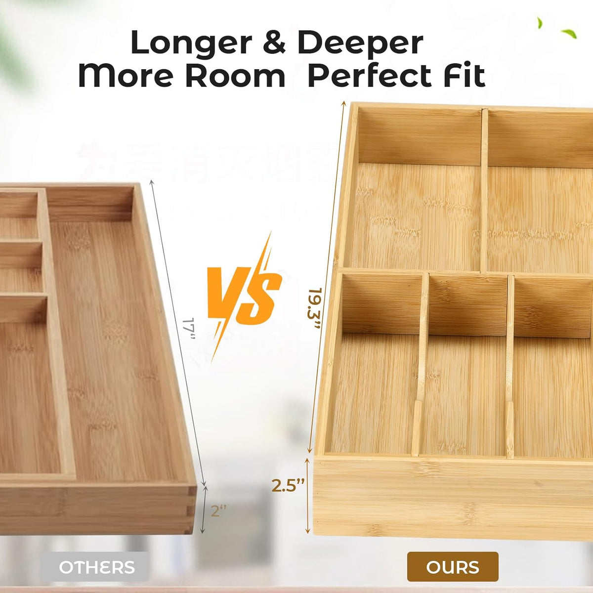 Fabsome Silverware Organizer for Kitchen Drawers, 2.5'' Deep 12.8'' Wide Bamboo Wood Flatware Tray