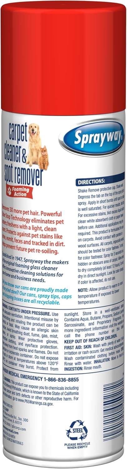 Sprayway Carpet Cleaner (Pet), 19oz, Pack of 6 | Removes Pet Stains & Odors, Foaming Action | Deep