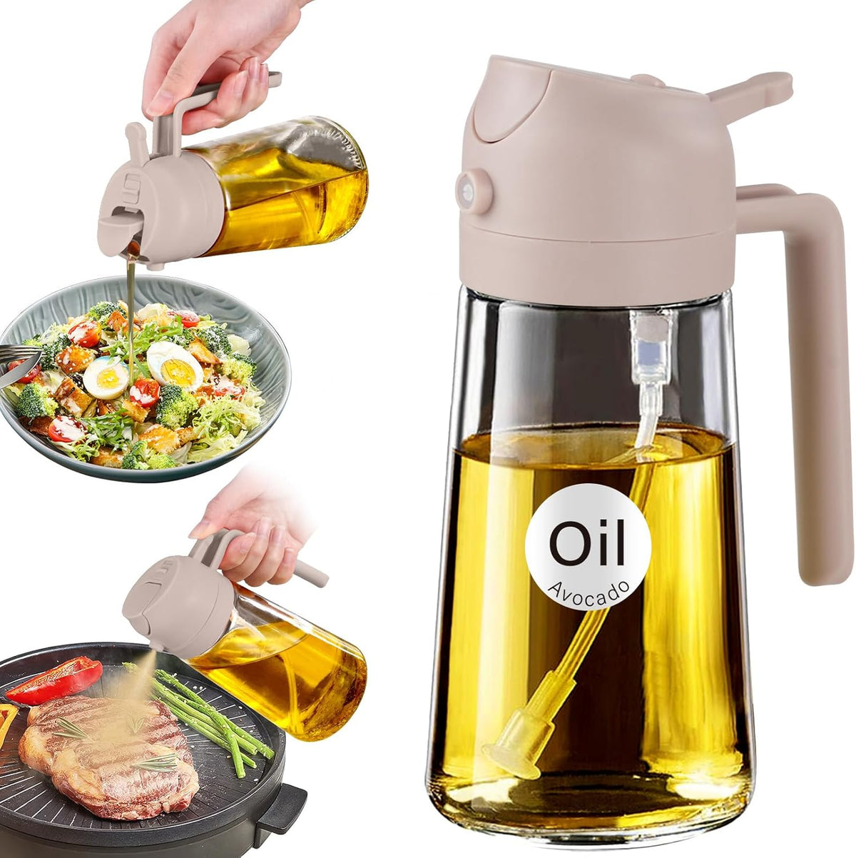 YARRAMATE 16oz/470ml Glass Olive Oil Sprayer for Cooking with Stickers, 2 in 1 Oil Dispenser for