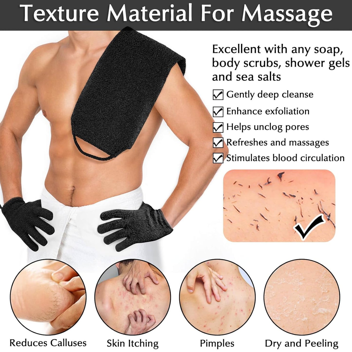 Anezus Exfoliating Back Scrubber Bath Gloves Set, Exfoliating Shower Towel with Shower Gloves for