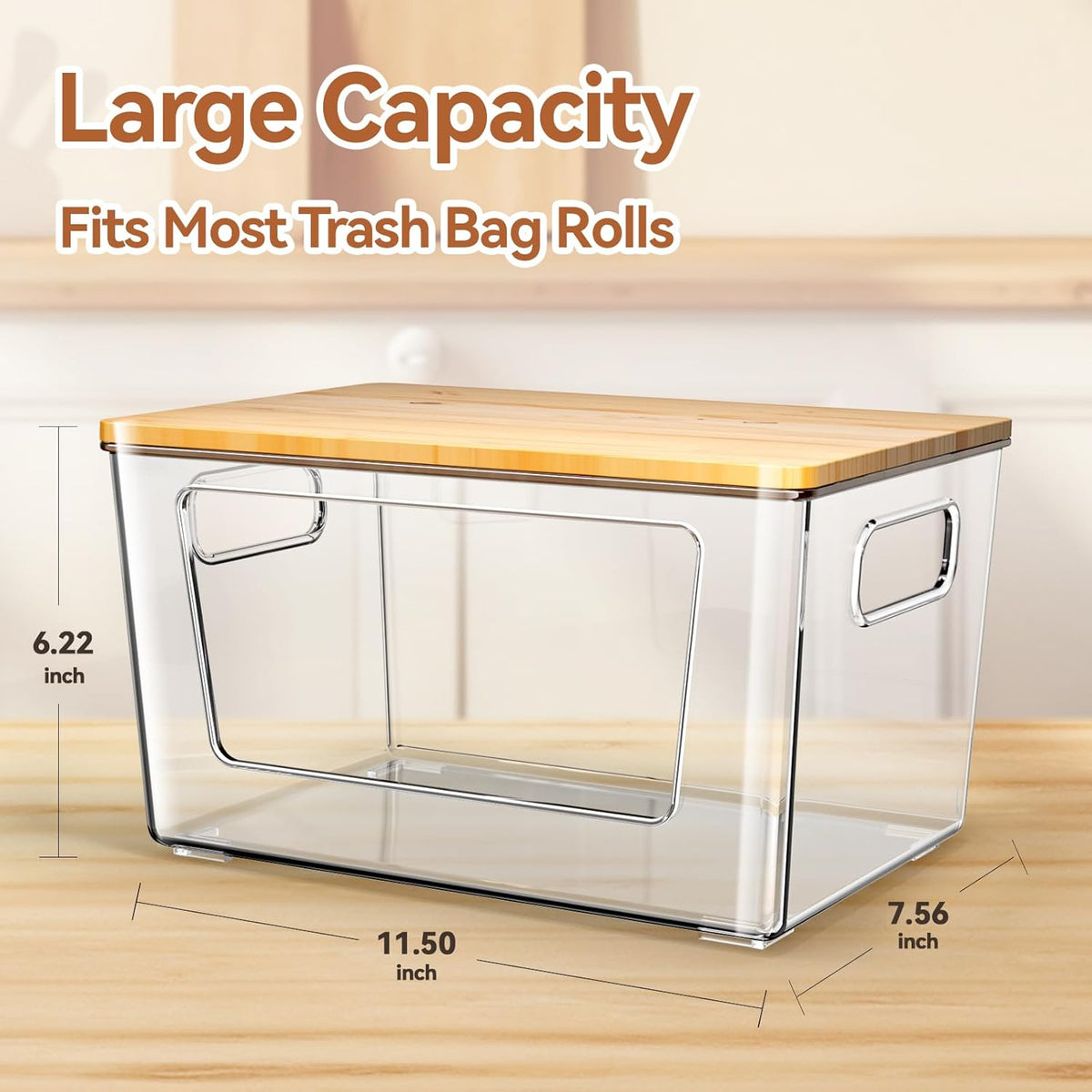 Trash Bag Holder with Bamboo Lid, Stackable Trash Bag Dispenser, Extra Large Storage for Kitchen