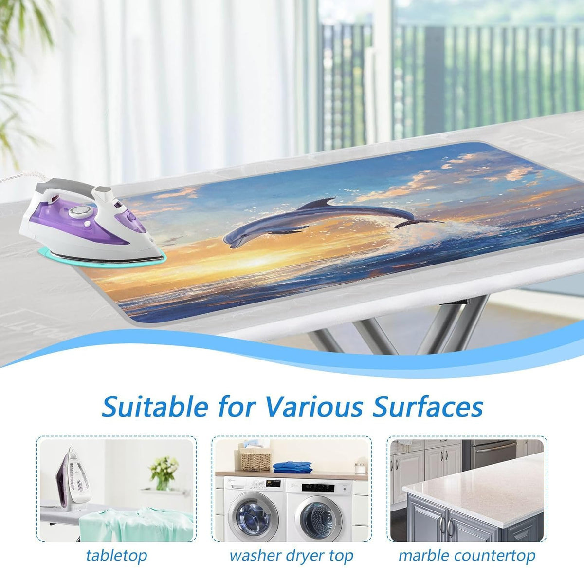 Dolphin Jumping Sunset Blue Ironing Mat Thickened Ironing Blanket Travel Portable Double-Side Using