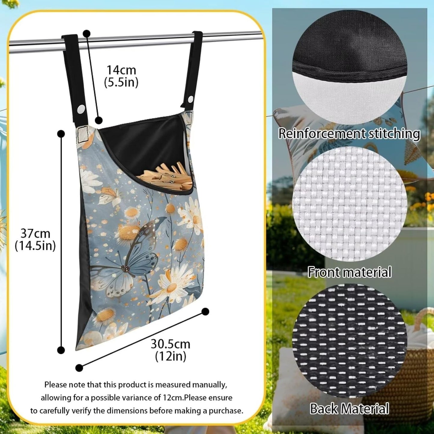 Butterfly Clothespin Bag with Hanging Rope 14.5 x 12 Inch Summer Waterproof Laundry Clothes Pin