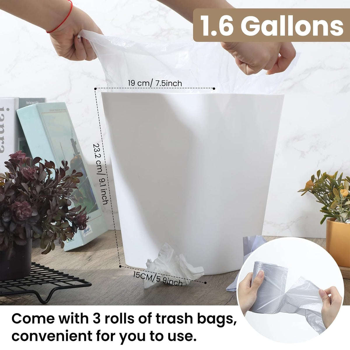 Eccliy 6 Pack Plastic Trash Can with 3 Rolls of Trash Bags Small Wastebasket Garbage Bin Container