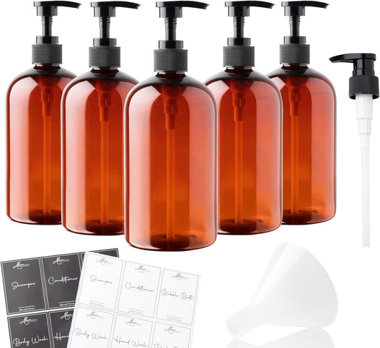 Alora 5-in-1 Apothecary Bottles for Home & Commercial Use - 16oz Elegant 8.5x3in Refillable Amber